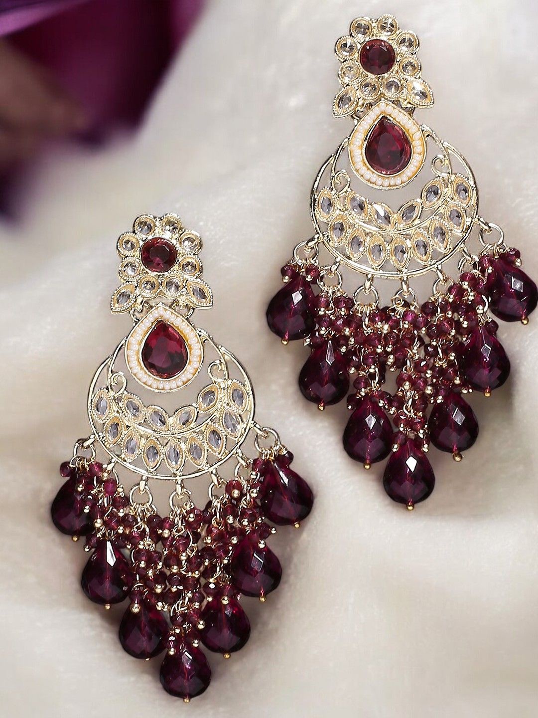 

House of Pataudi Kundan Stone Studded & Beaded Drop Earrings, Gold