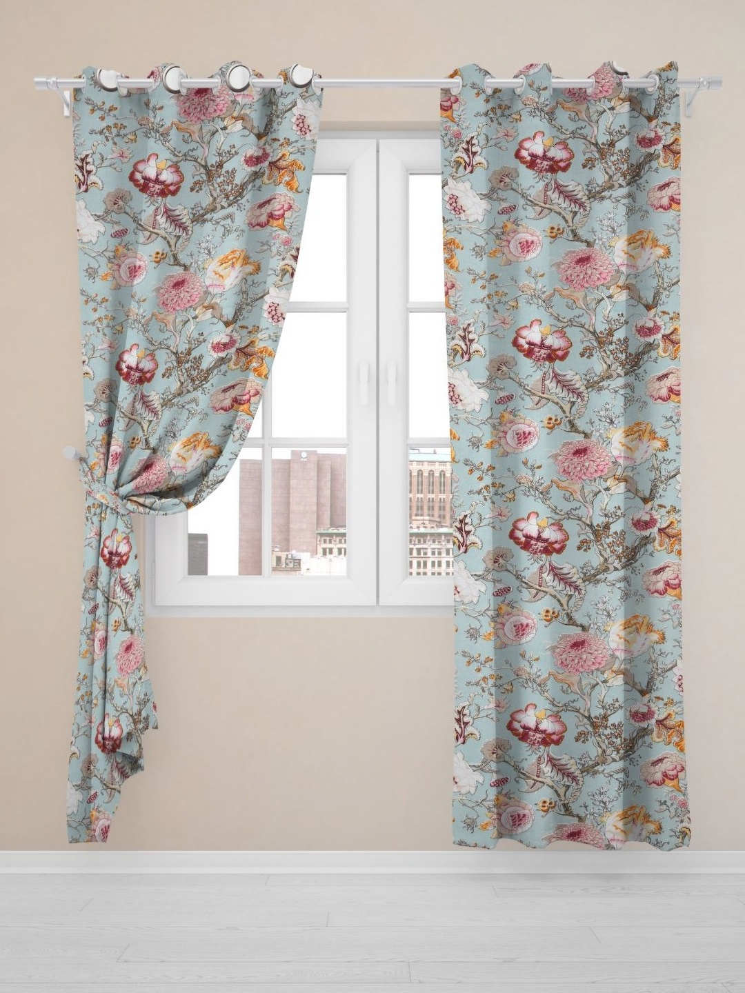 

EasyGoods anokhi Sea Green & Pink 2 Pieces Floral Cotton Window Curtains