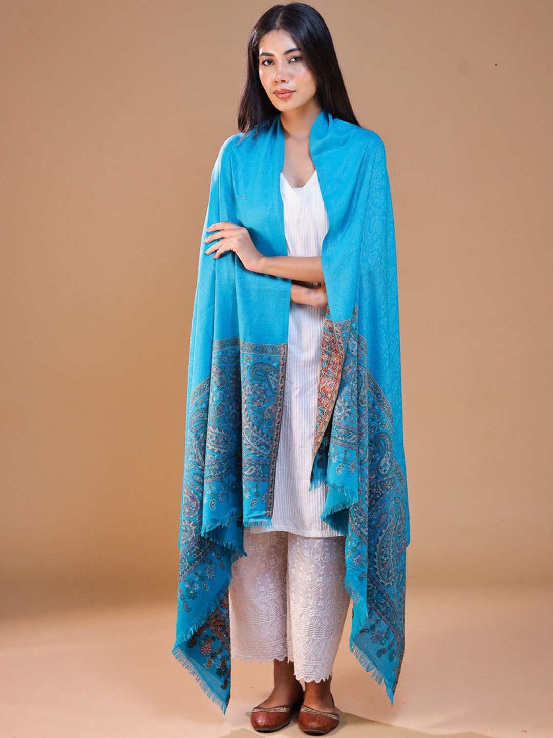 

SWI Stylish Ethnic Motifs Woven Design Woolen Shawl, Turquoise blue