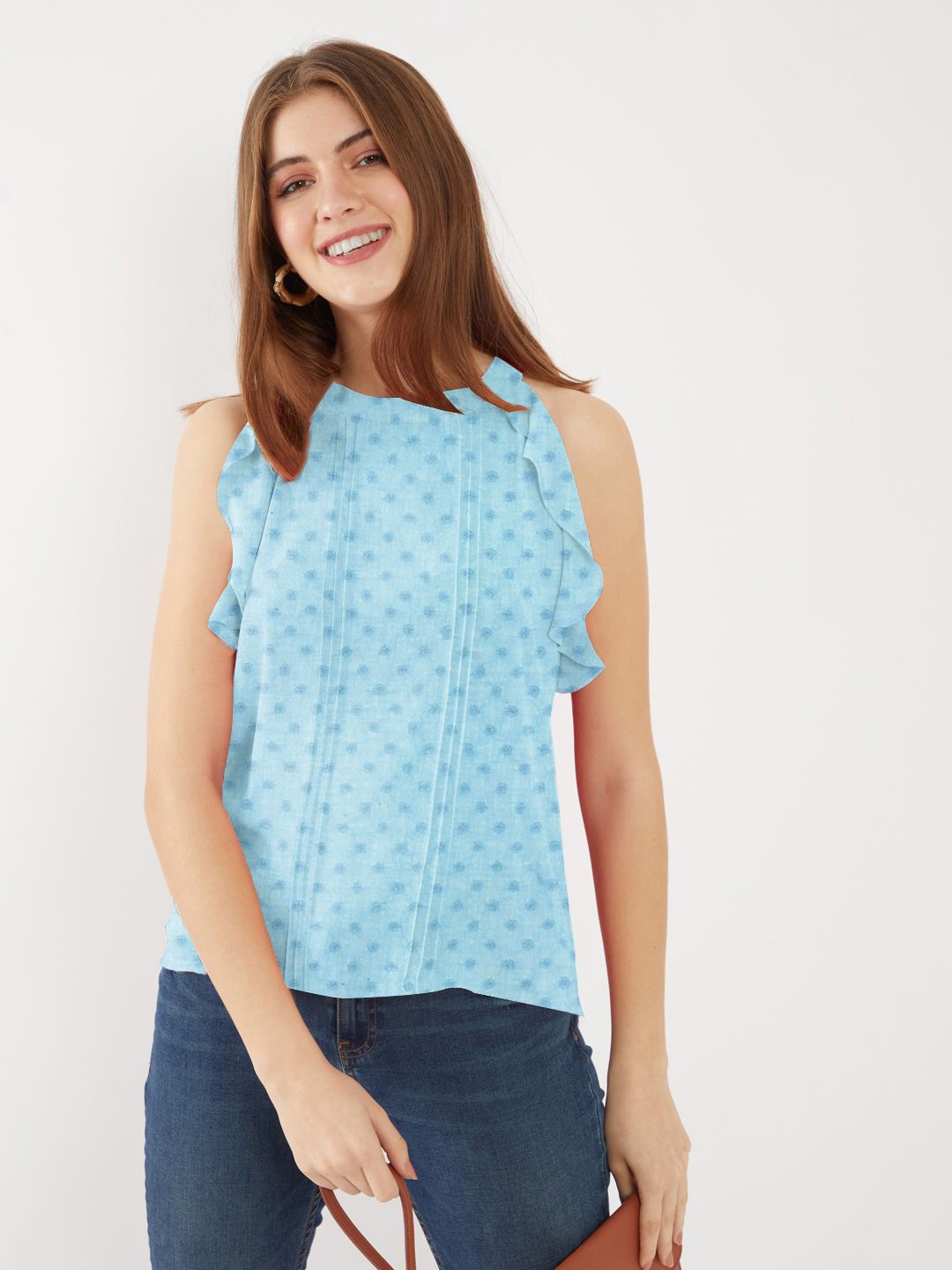

Zink London Women Polka Dots Printed Round Neck Top, Blue