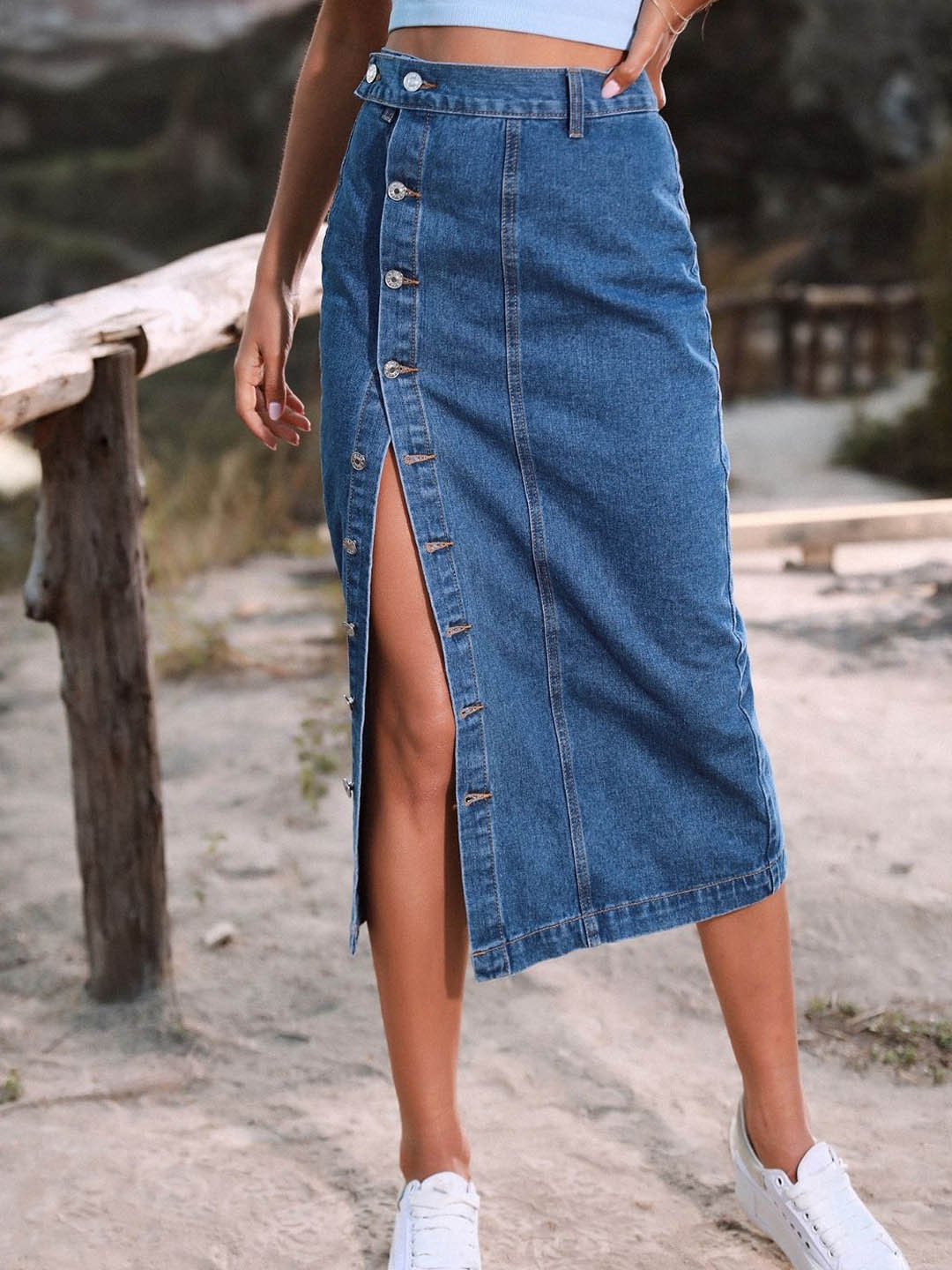 

KPOP Women's Straight Solid Midi Button Skirt, Blue