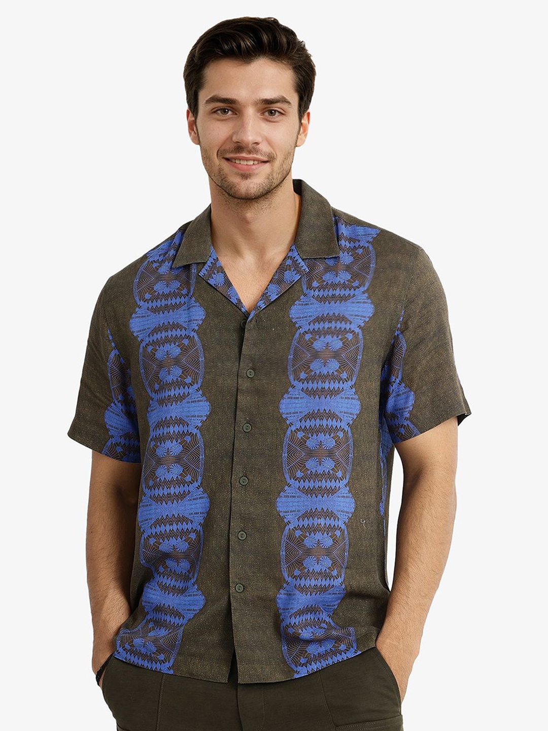 

RARE RABBIT Men Comfort Abstract Printed Boxy Casual Shirt, Olive