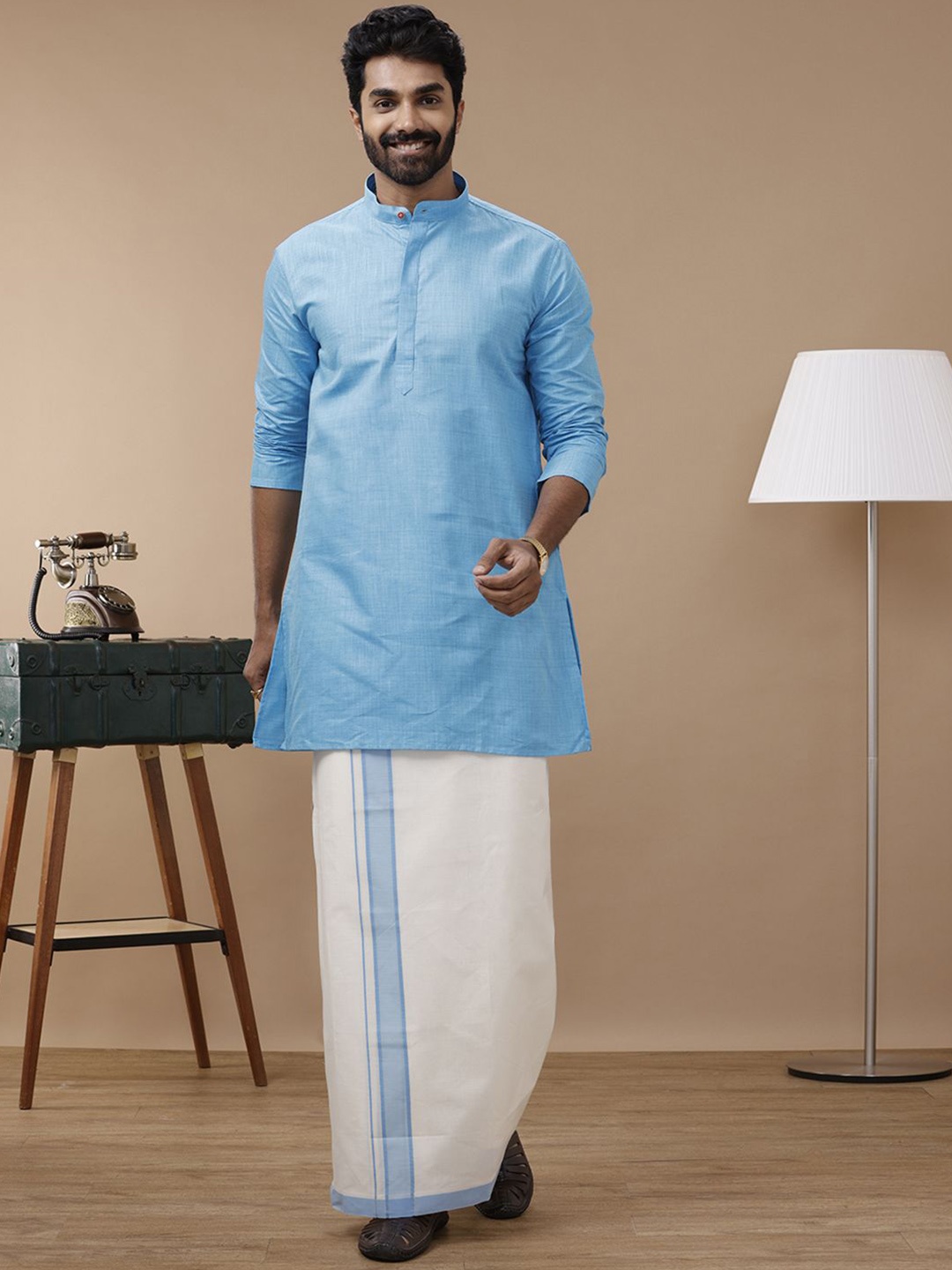 

Ramraj Mandarin Collar Long Sleeves Pure Cotton Straight Kurta With Kora Double Dhoti, Blue