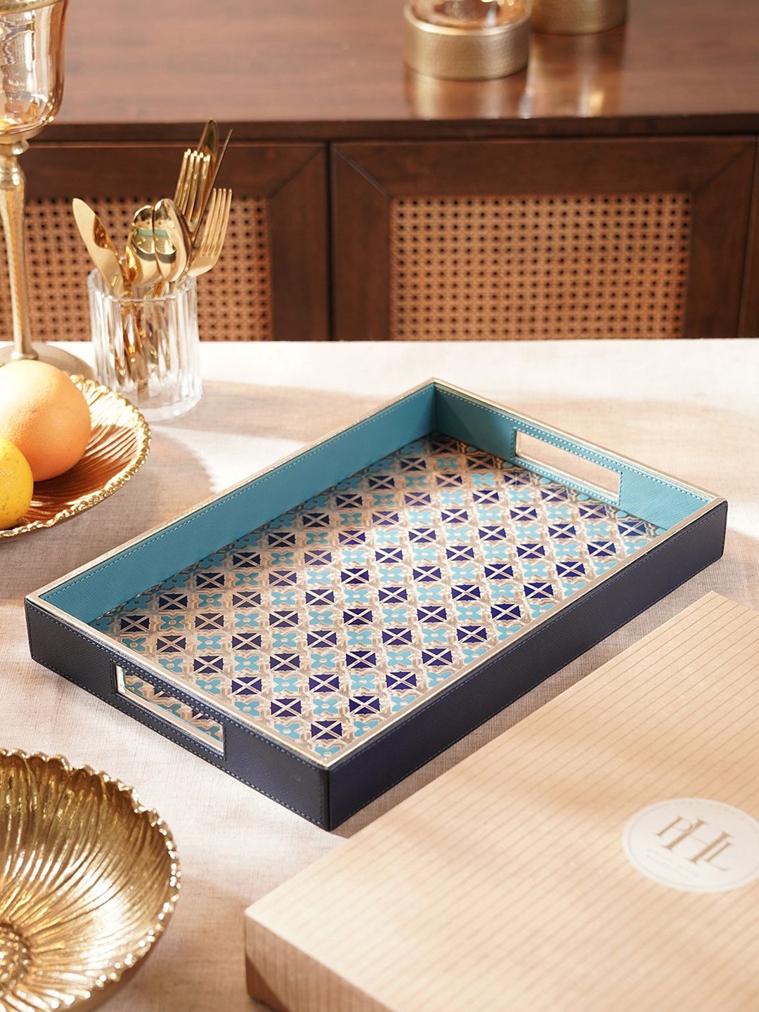 

Pure Home and Living Blue & Beige Printed Glass Faux Leather Tray