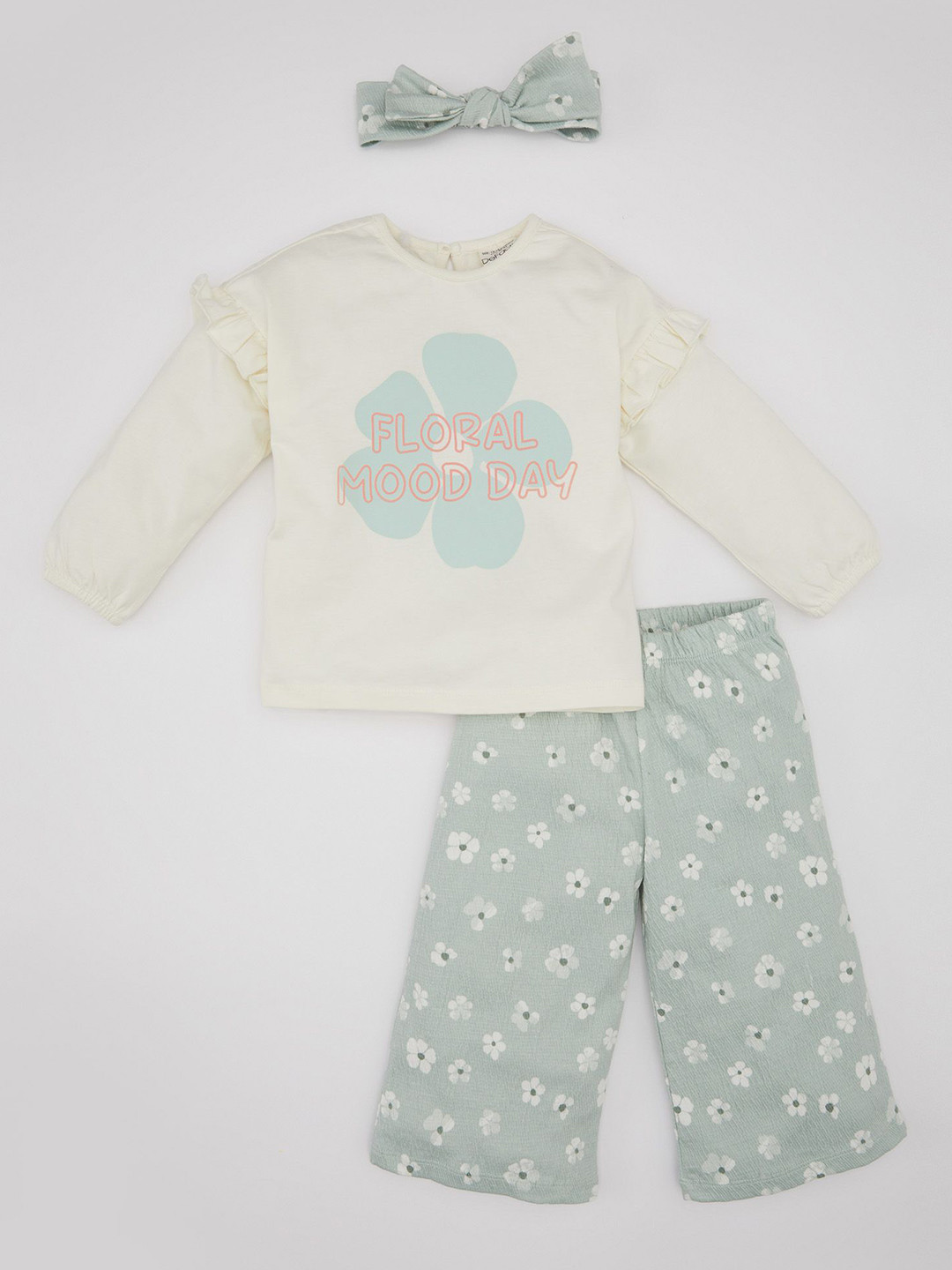 

DeFacto Girls Printed Pure Cotton Top with Trousers, White