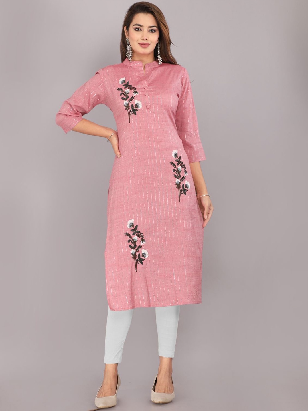 

Mehsoos Floral Embroidered Mandarin Collar Cotton Straight Kurta, Pink