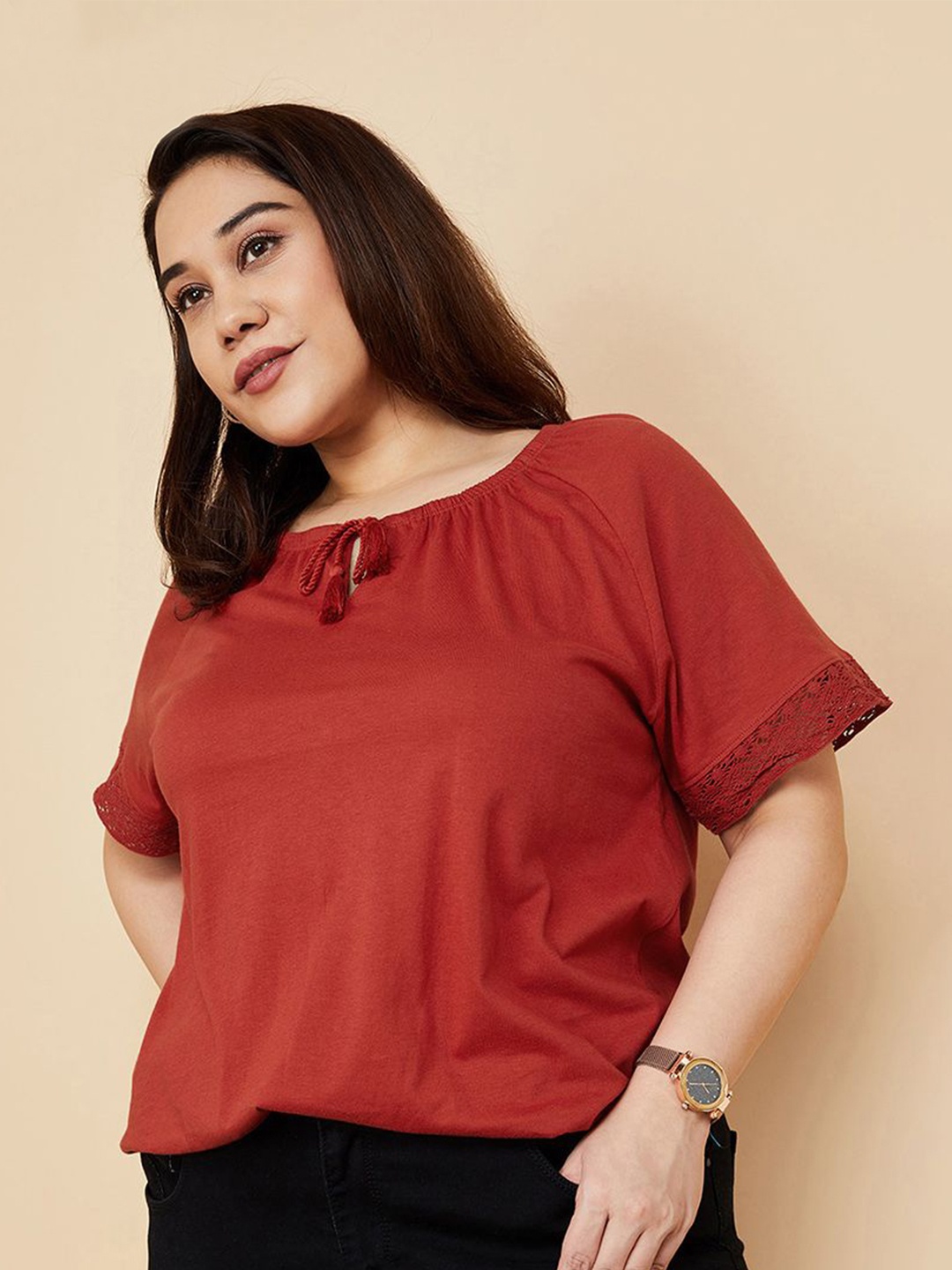 

max Women Plus Size Solid Tie-Up Neck Cotton Top, Orange