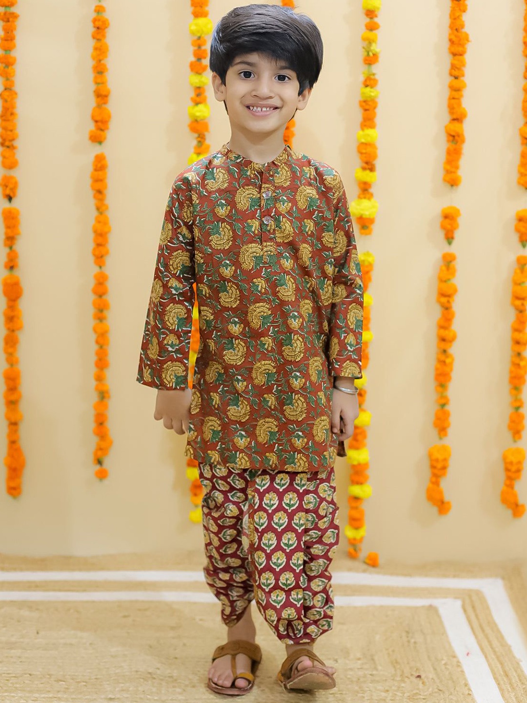 

The Mom Store Boys Floral Printed Mandarin Collar Pure Cotton Kurta With Dhoti Pant, Rust