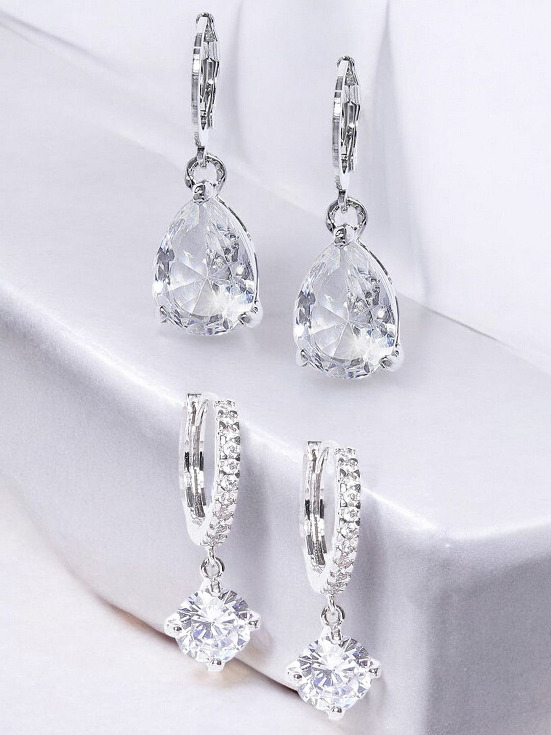 

fabula Set Of 2 Teardrop Shaped Metal Cubic Zirconia Drop Earrings, Silver