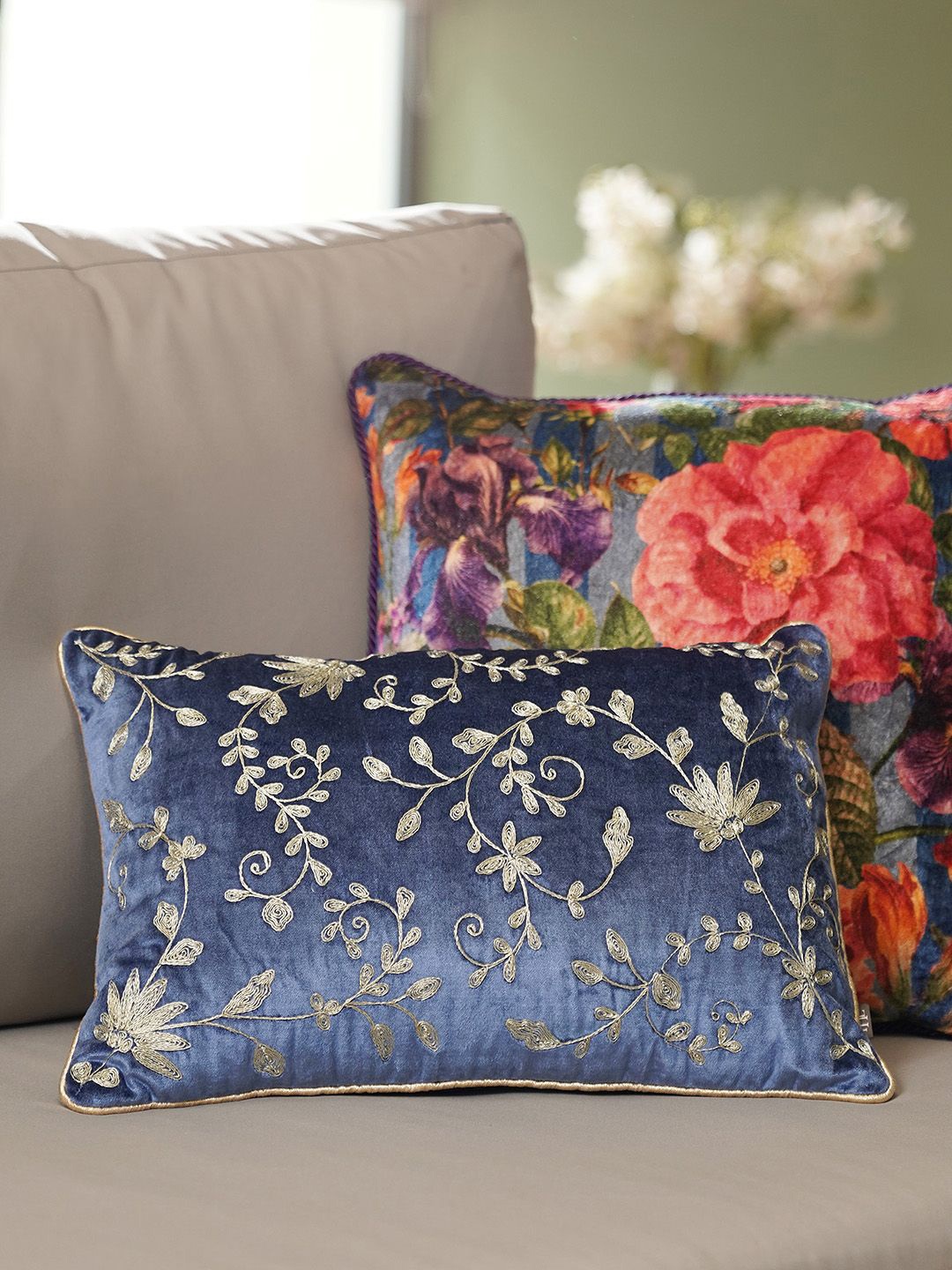 

Pure Home and Living Blue & Gold-Toned Floral Embroidered Velvet Rectangle Cushion Covers