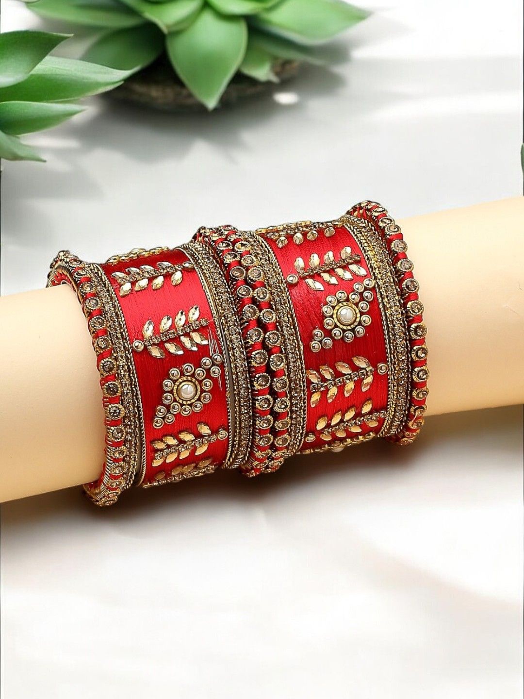 

Anouk Set Of 10 Kundan-Studded Bangles, Red