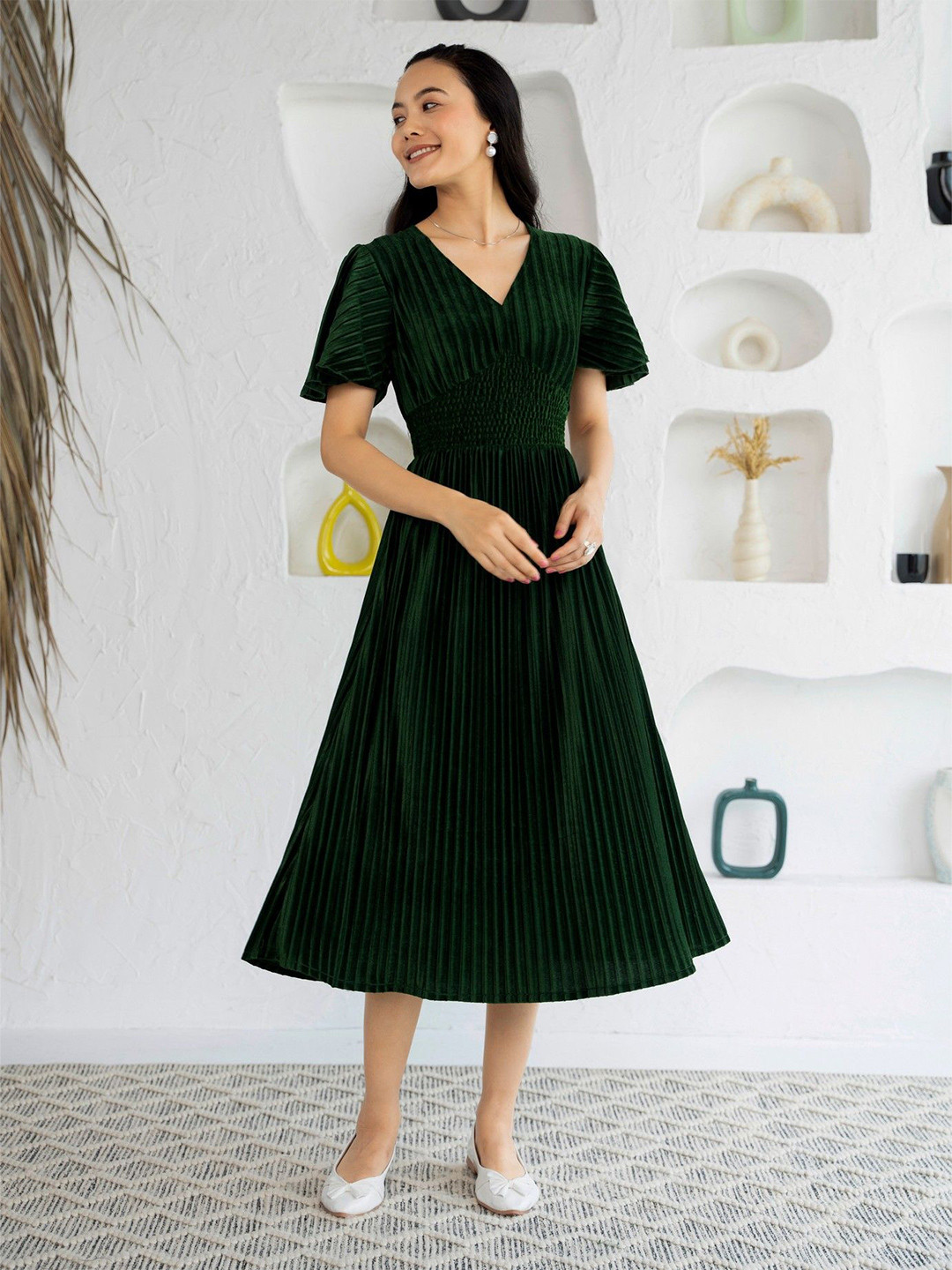 

AASK Floral Puff Sleeve Velvet Fit & Flare Dress, Green