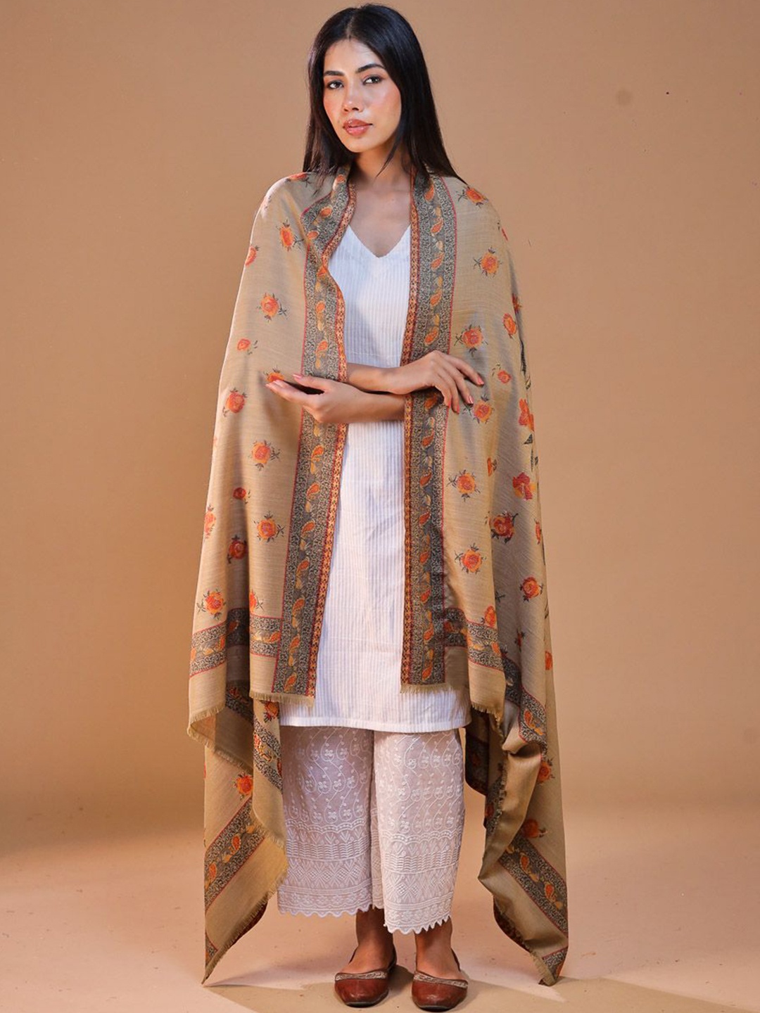 

SWI Stylish Floral Woven Design Kani Wool Shawl, Beige
