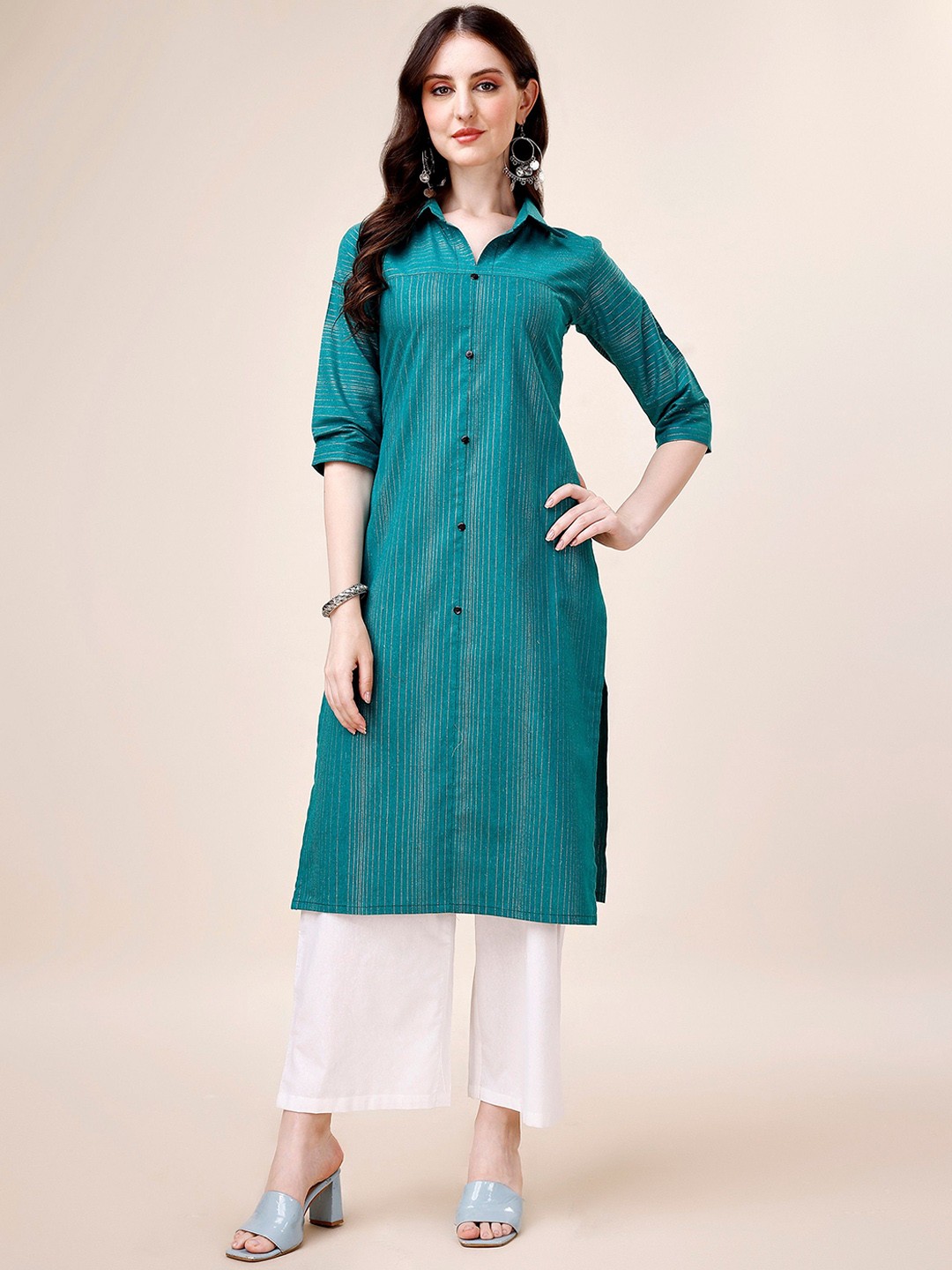 

KALINI Women Striped Regular Kurta with Palazzos, Teal
