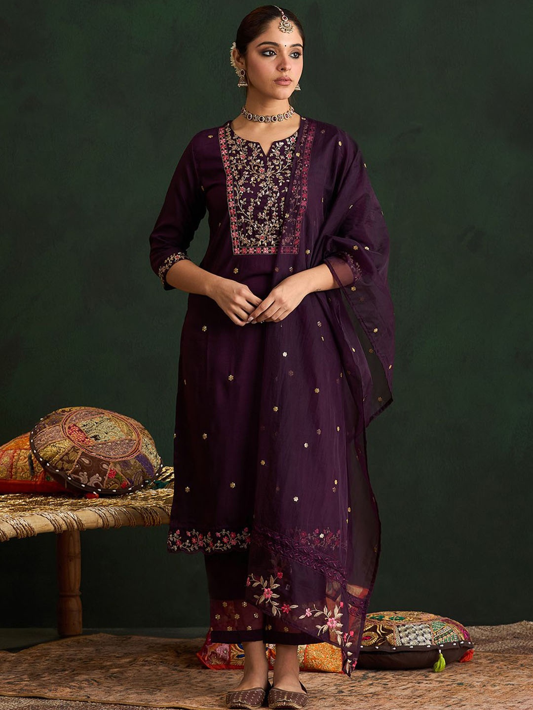 

Indo Era Ethnic Motifs Embroidered Regular Kurta With Trousers & Dupatta, Burgundy