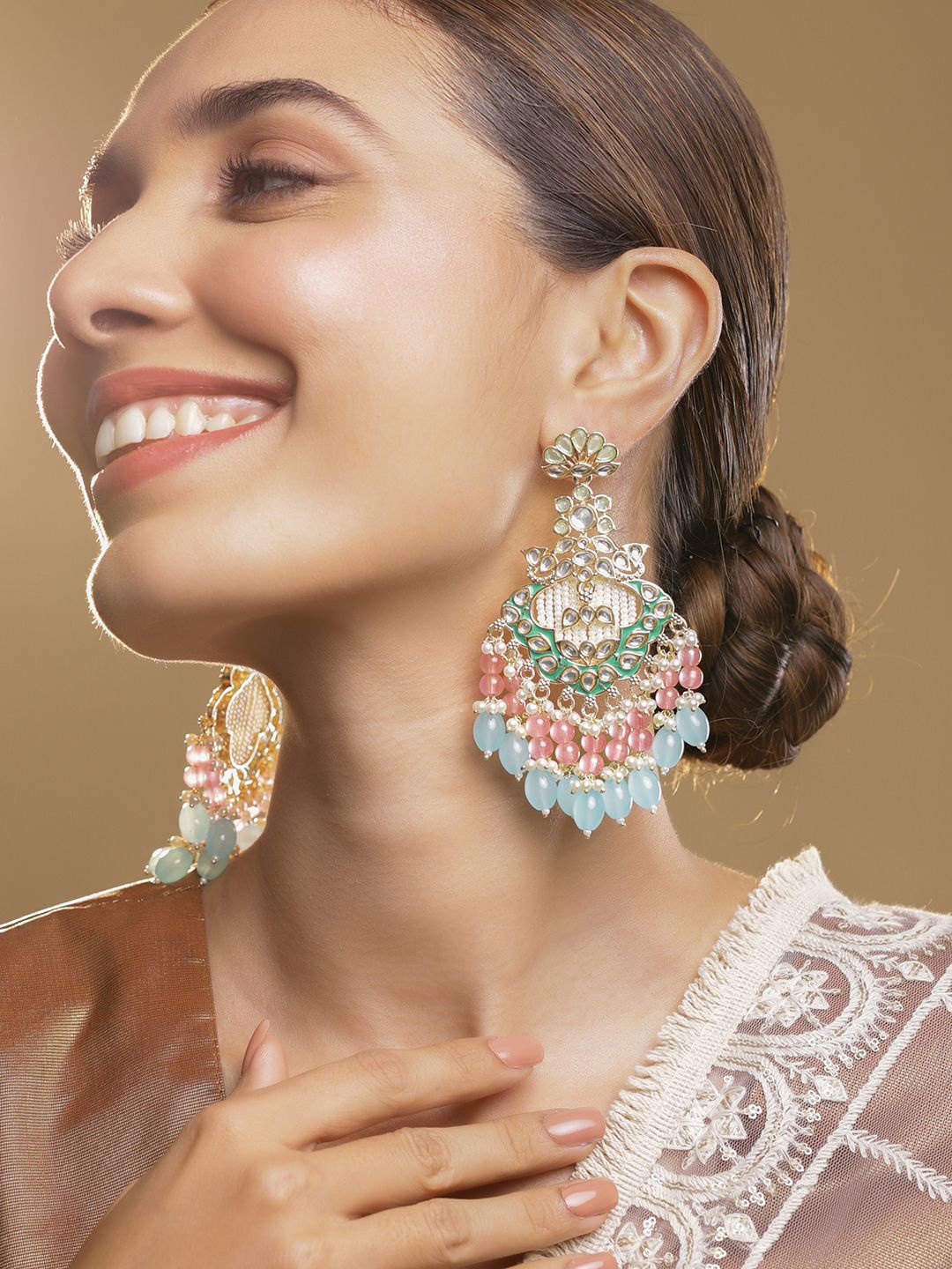

Rubans 22K Gold-Plated Kundan & Green Enamel Chandbali Earrings with Pink & Aqua Blue Bead