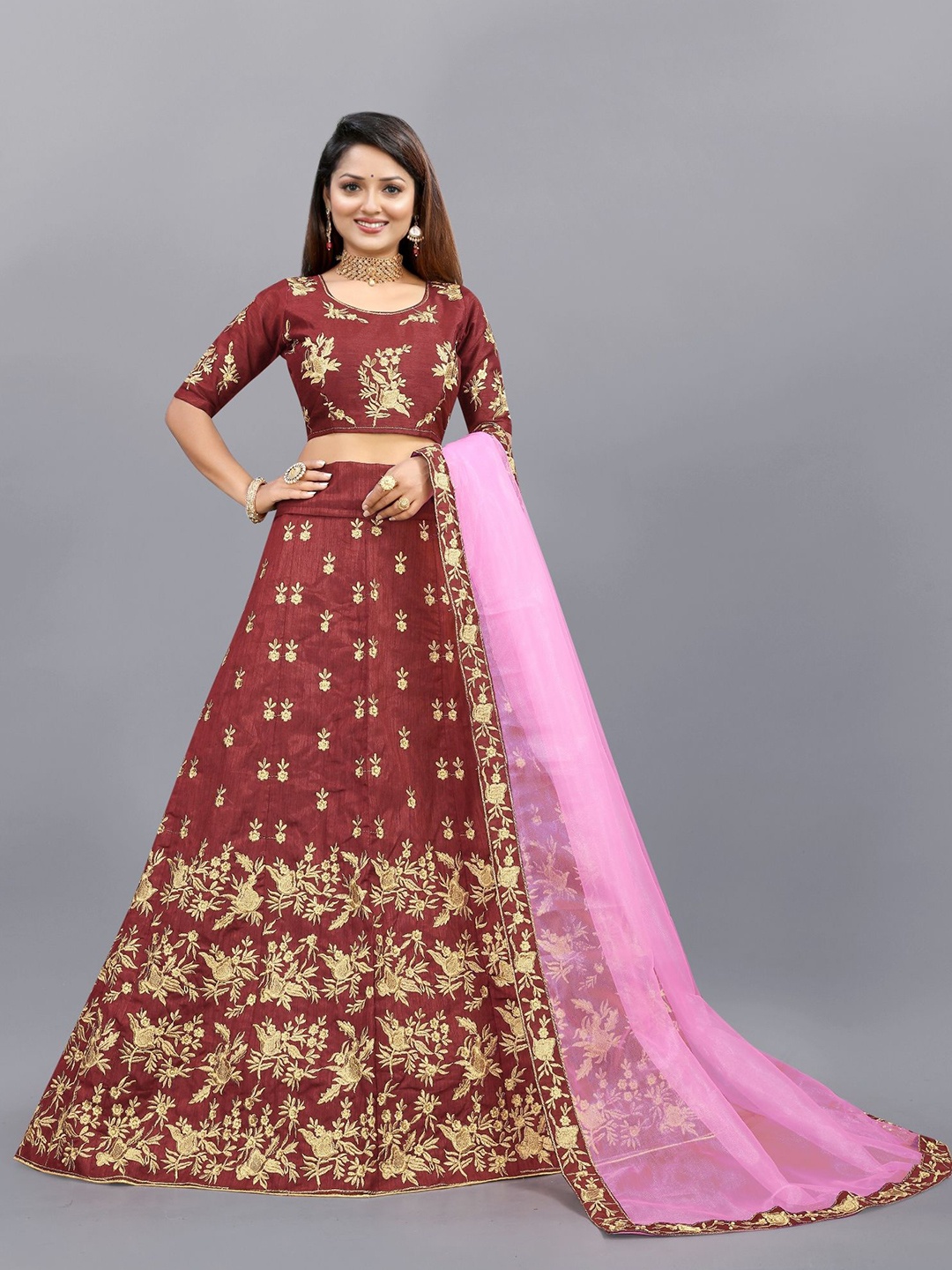 

APNISHA Embroidered Semi-Stitched Lehenga & Unstitched Blouse With Dupatta, Maroon