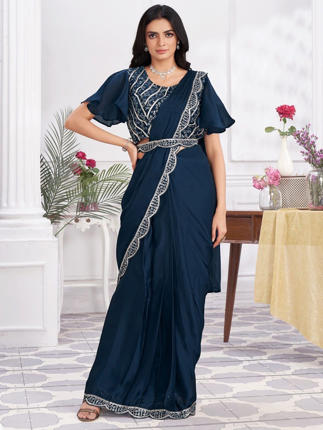 

JIVORA Embroidered Satin Ready to Wear Saree, Blue