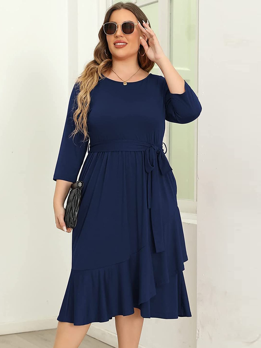 

Samsara Couture Solid Round Neck Three-Quarter Regular Sleeves Fit & Flare Midi Dress, Navy blue