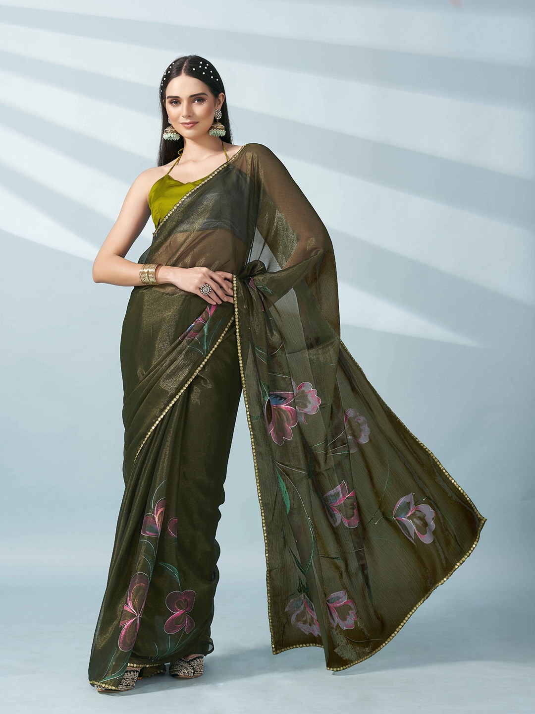 

Tikhi Imli Floral Printed Mirror Work Saree, Green