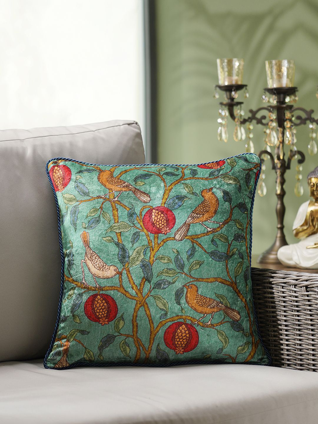 

Pure Home and Living Blue & Red Floral Printed Velvet Square Cushion Covers