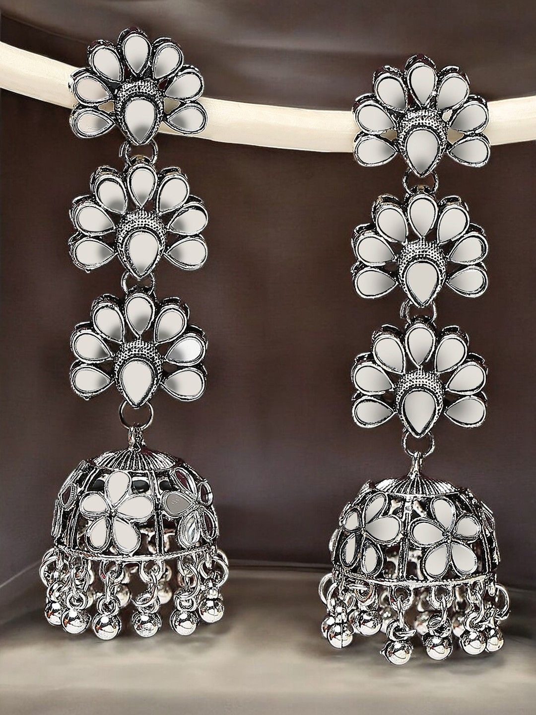 

Sangria Mirror Kundan Studded & Beaded Oxidised Jhumka Earrings, Silver