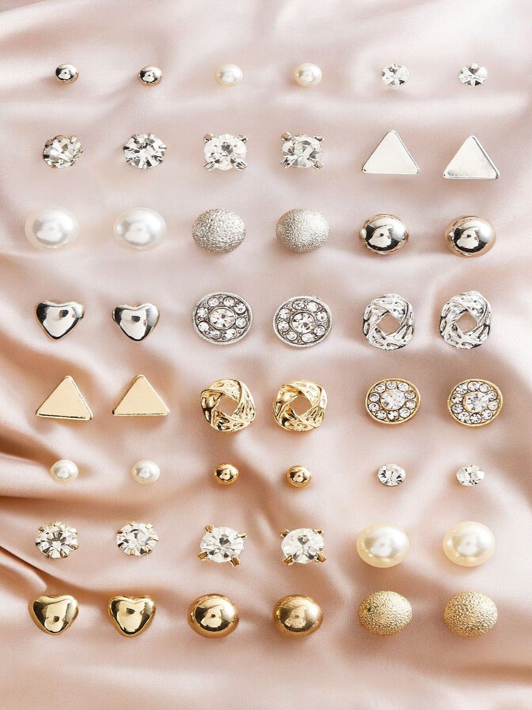 

fabula Set Of 24 Contemporary Metal Crystal & Pearl Beaded Studded Earrings, Gold