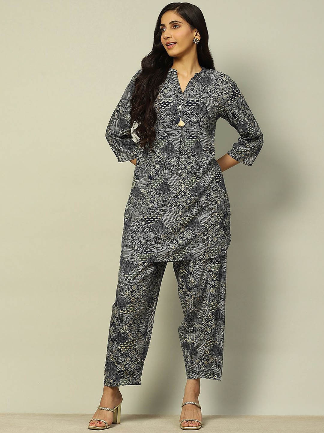 

Rangriti Printed Tunic With Trousers Co-Ords, Navy blue