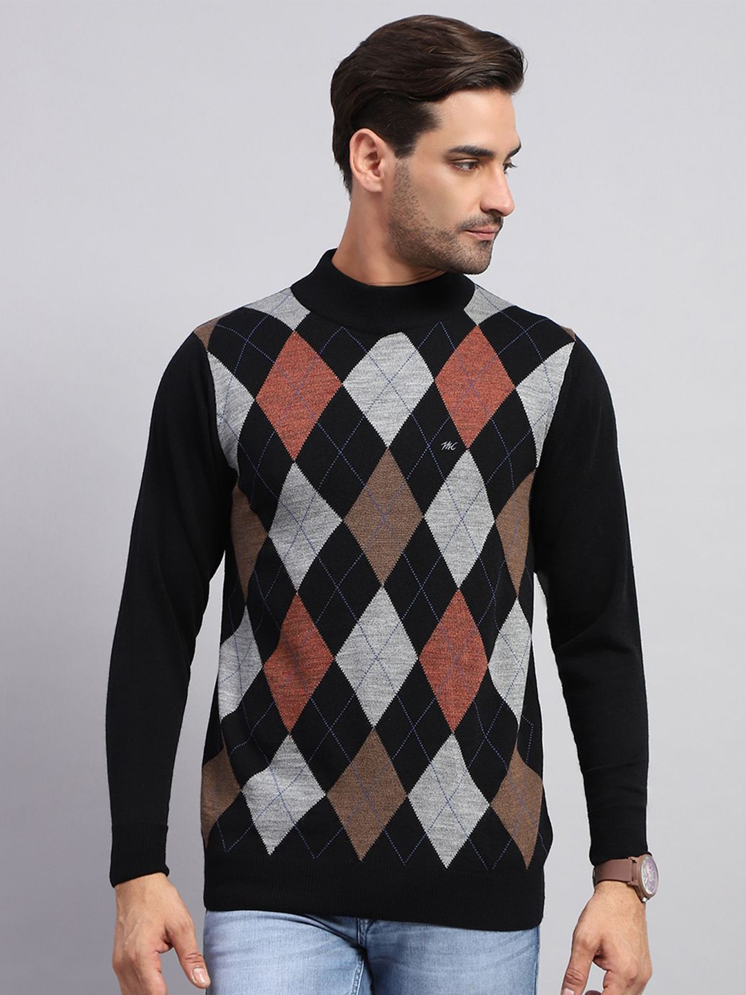 

Monte Carlo Men Checked Woollen Pullover, Black