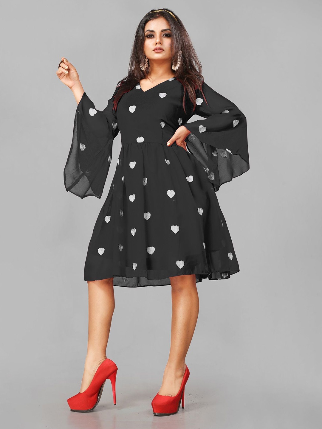 

APNISHA Polka Dot Embroidered Bell Sleeve Georgette Fit & Flare Dress, Black