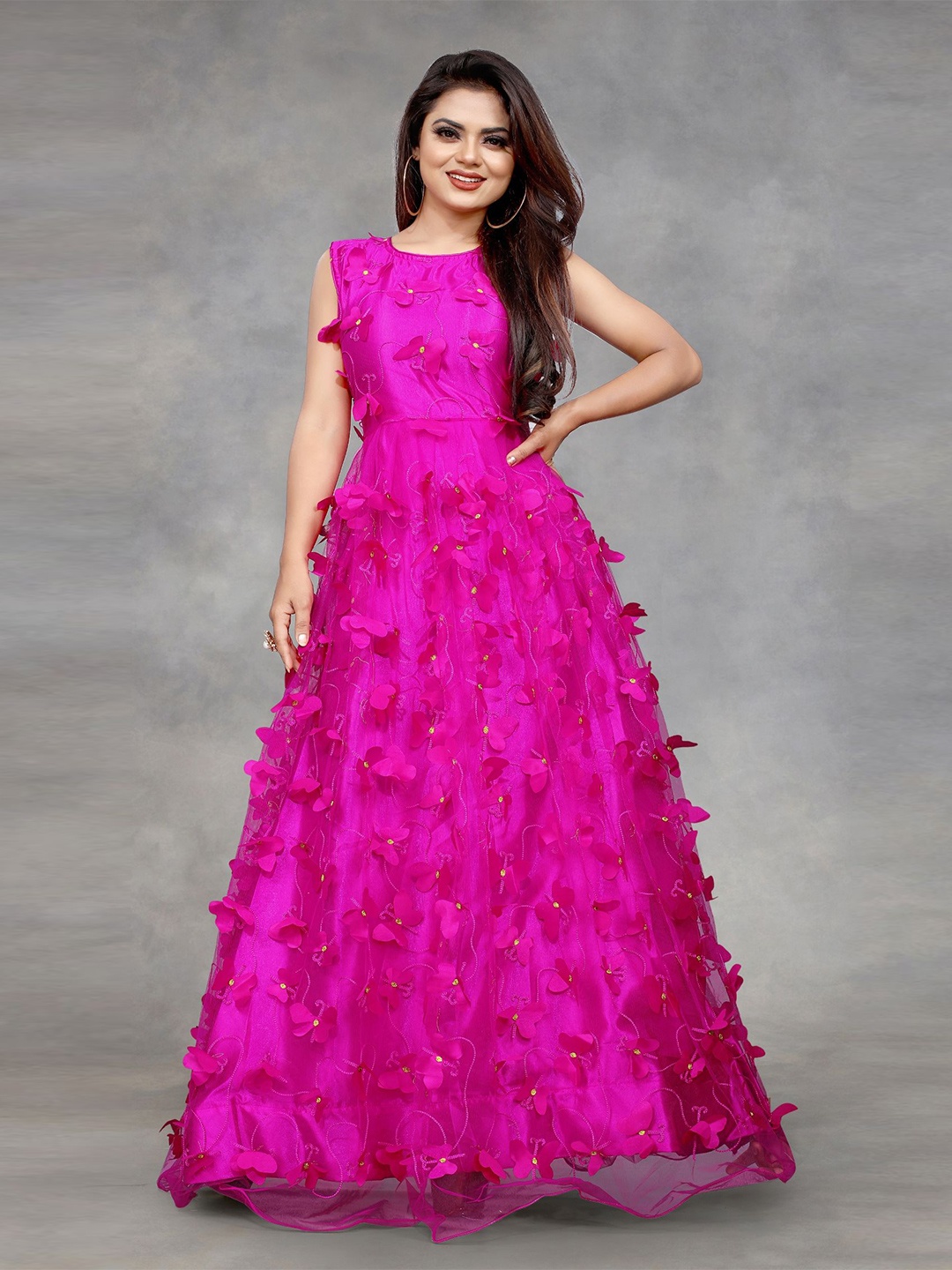 

Aika Embroidered Round Neck Net Fit & Flare Maxi Dress, Magenta