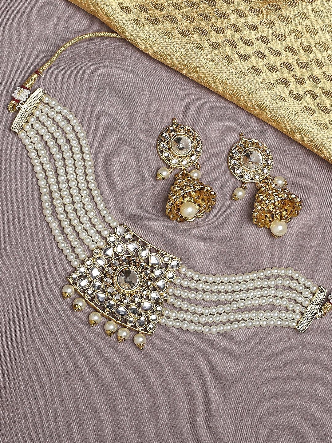 

House of Pataudi Kundan Stone Studded & Beaded Jewellery Set, Gold