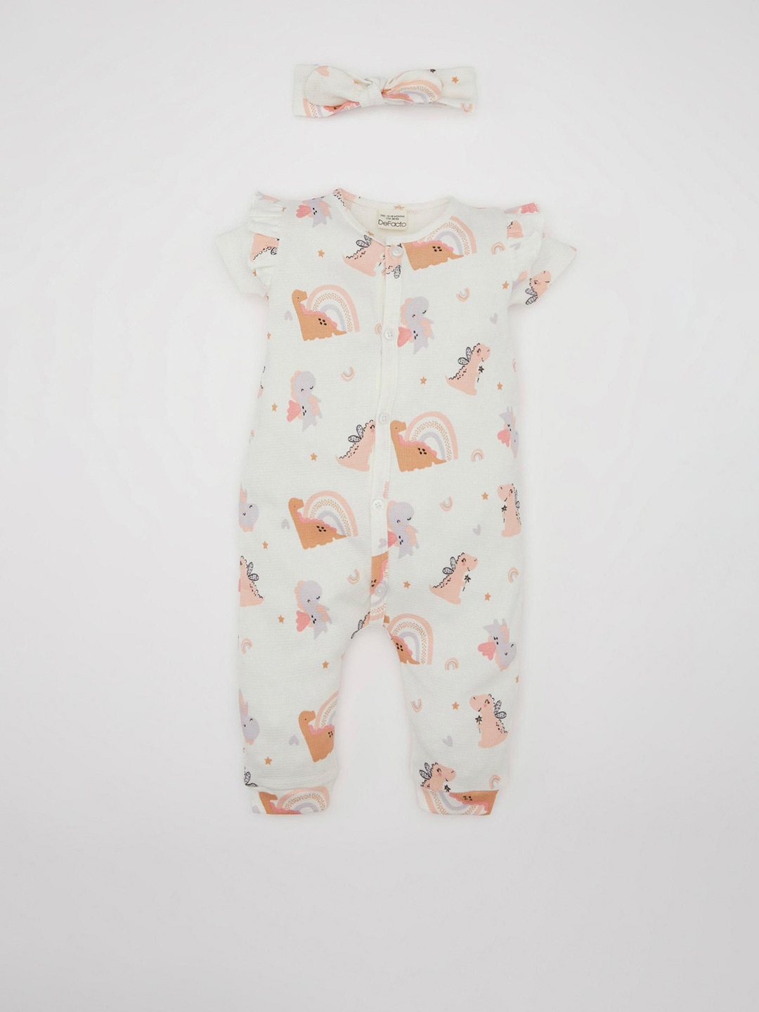 

DeFacto Infant Girls Printed Pure Cotton Rompers With Matching Hairband, Off white