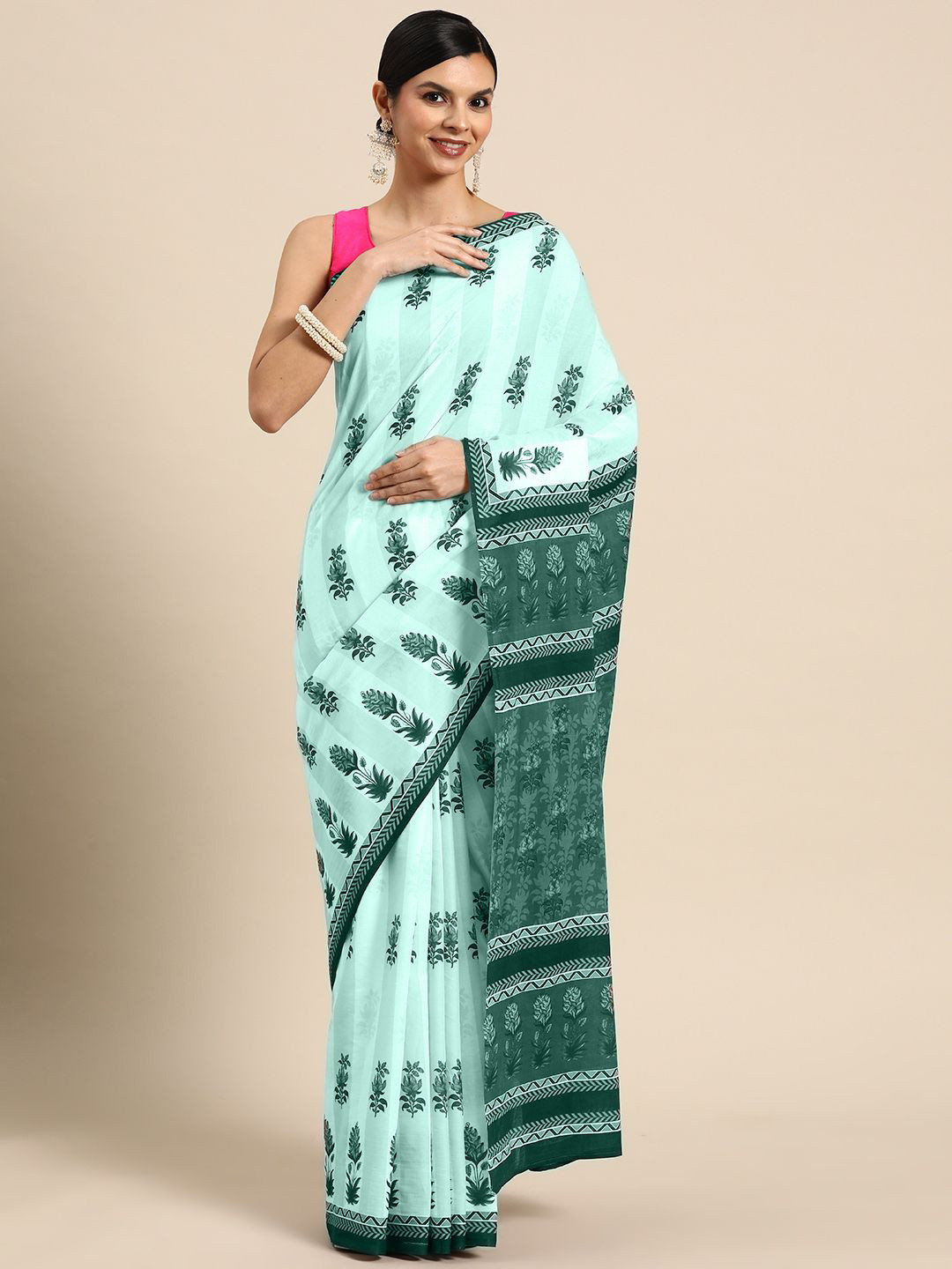 

BUTA BUTI Floral Printed Pure Cotton Saree, Sea green