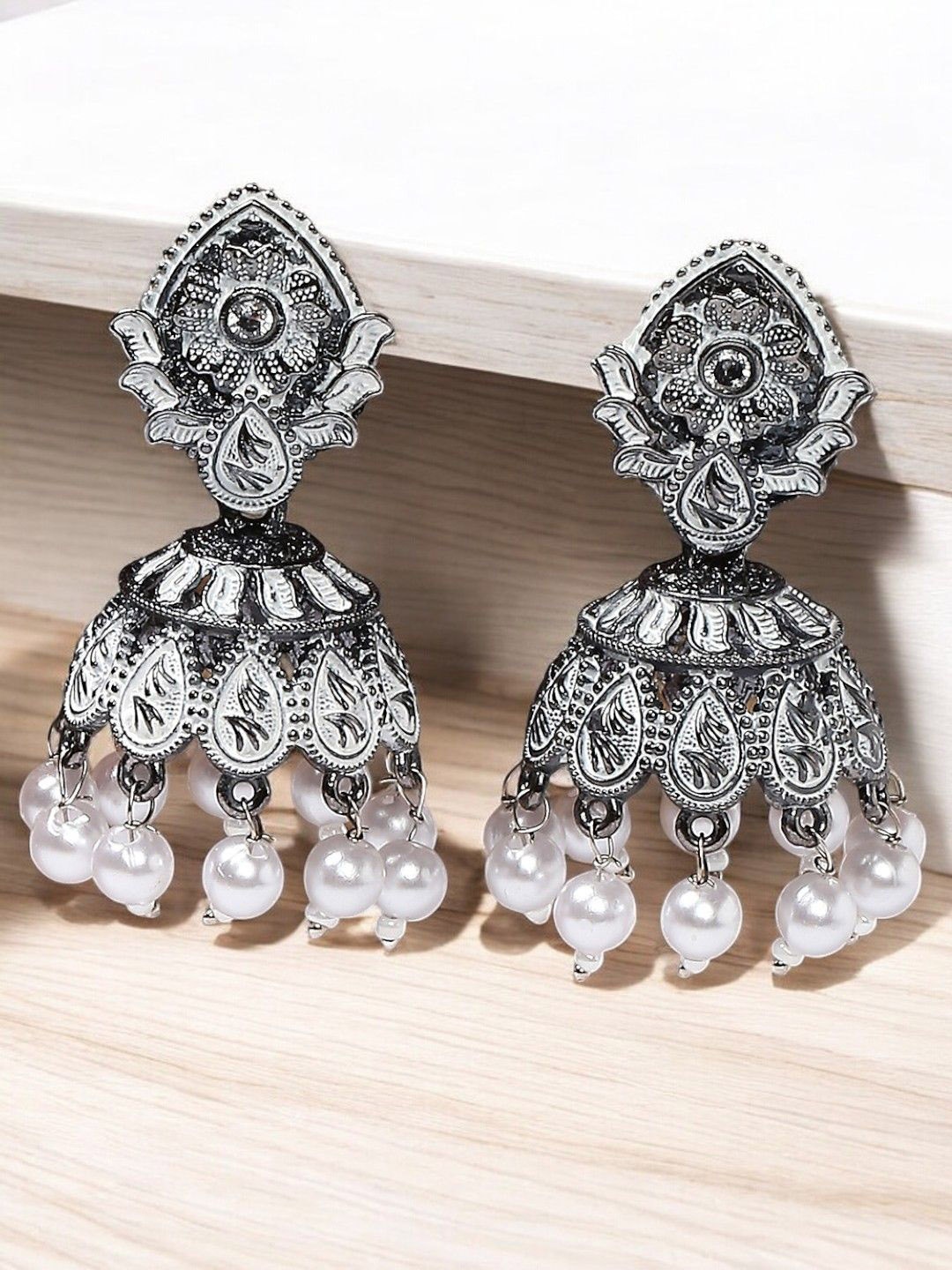 

Sangria Artificial Stones and Beads Floral Shaped Oxidised Jhumka Earrings, Silver