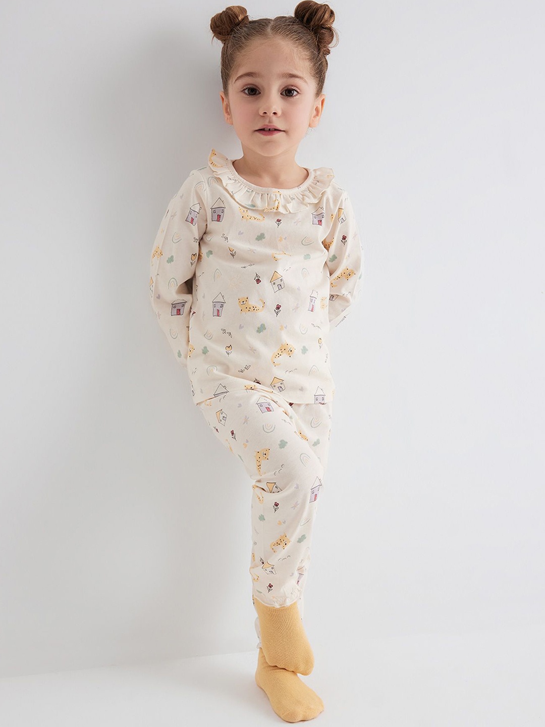

DeFacto Girls Printed Pure Cotton Night Suit, Cream