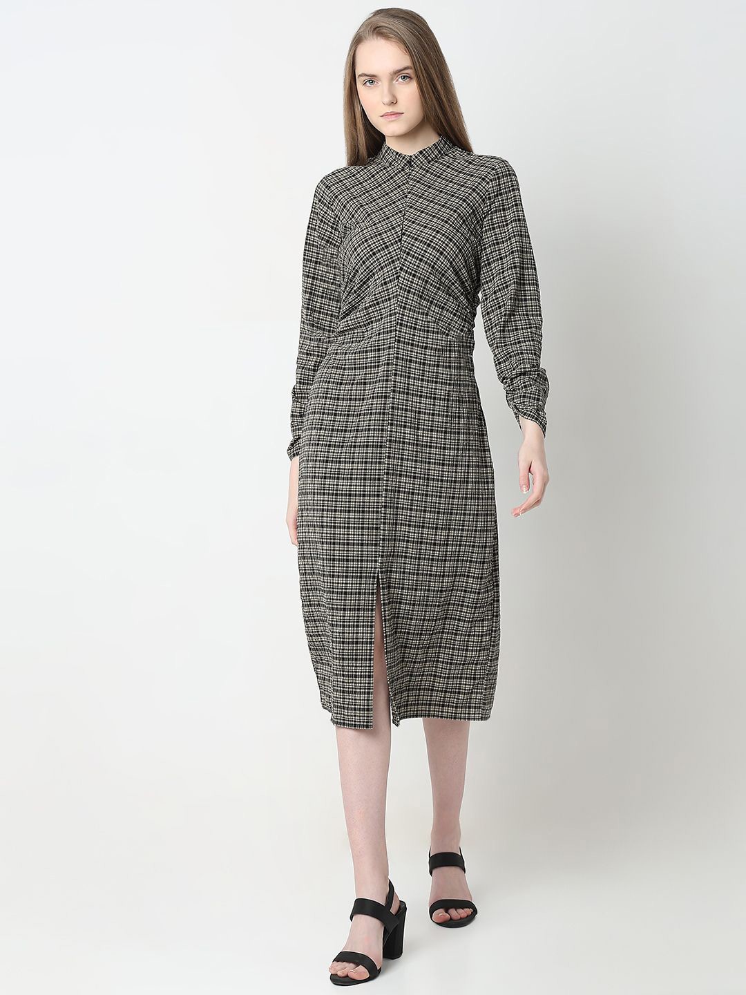 

Vero Moda Mandarin Collar Checked Fit & Flare Midi Dress, Beige