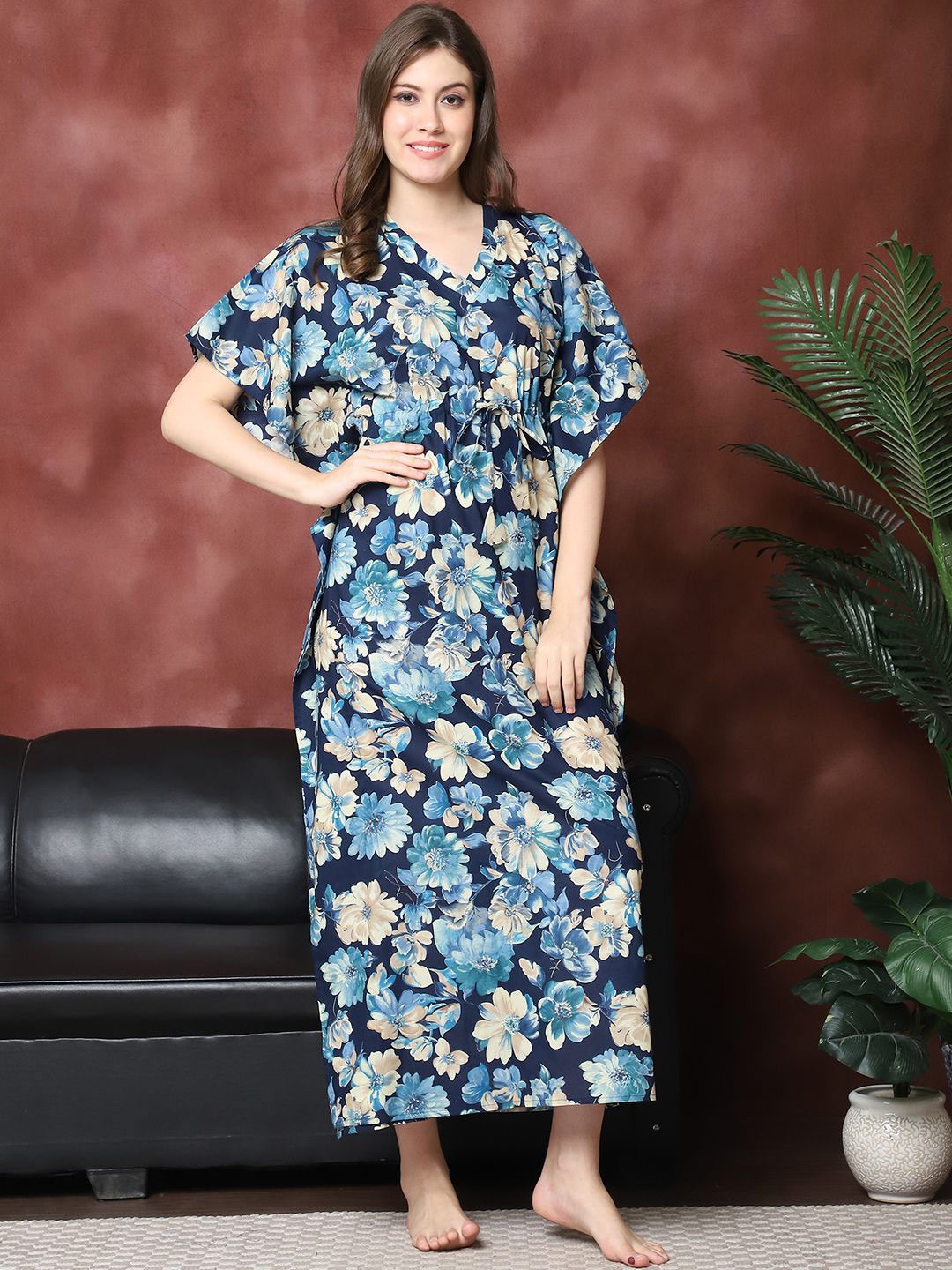 

Claura Women Floral Printed Pure Cotton kaftan Maxi Nightdress, Blue