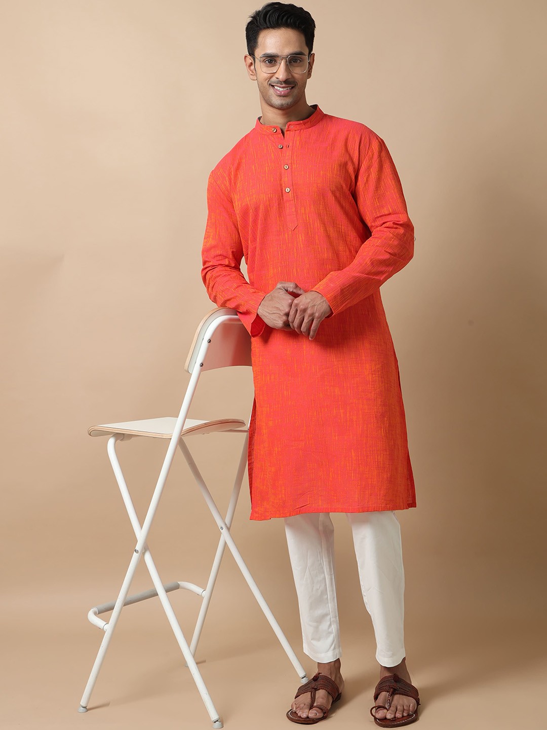 

FILORI Mandarin Collar Regular Pure Cotton Kurta With Pyjama, Orange