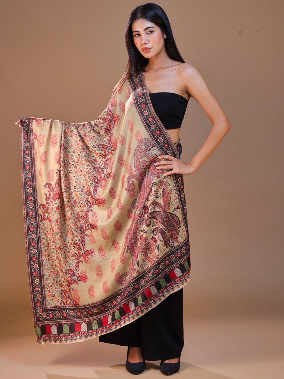 

SWI Stylish Paisley Woven Design Woolen Shawl, Beige