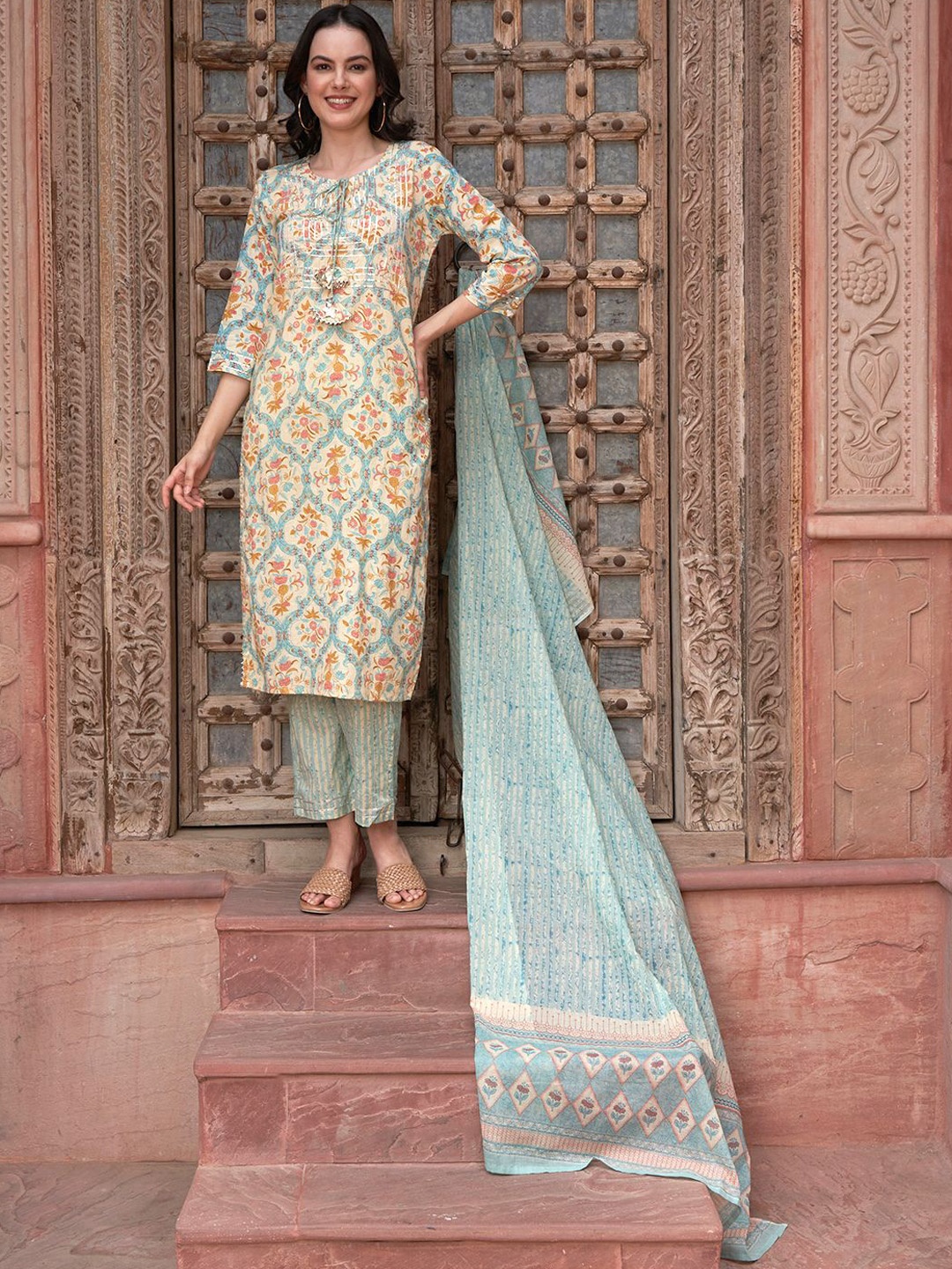 

Sangria Floral Printed Gotta Patti Pure Cotton Straight Kurta With Trousers & Dupatta, Beige