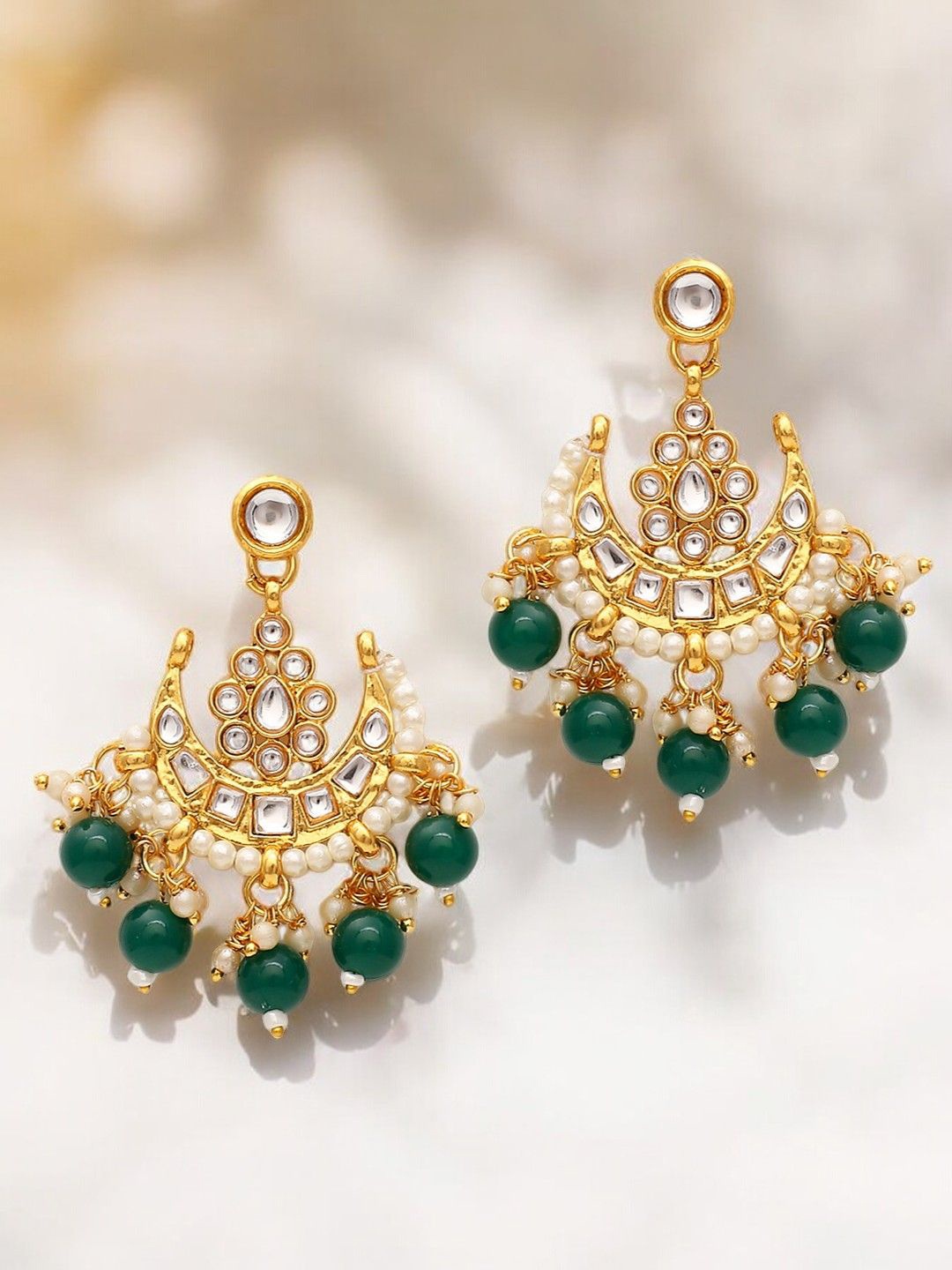 

House of Pataudi Kundan Stone Studded & Beaded Chandbali Drop Earrings, Gold