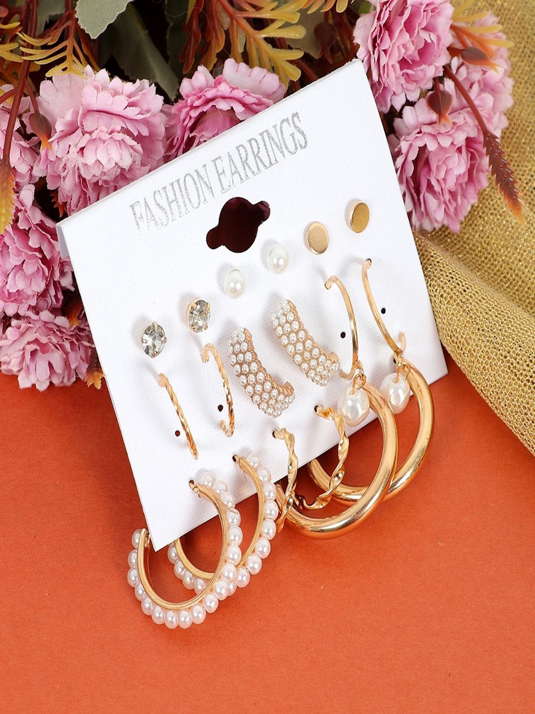 

UNIVERSITY TRENDZ Set of 9 Gold-Plated Stones Studded & Beaded Studs & Half Hoop Earrings