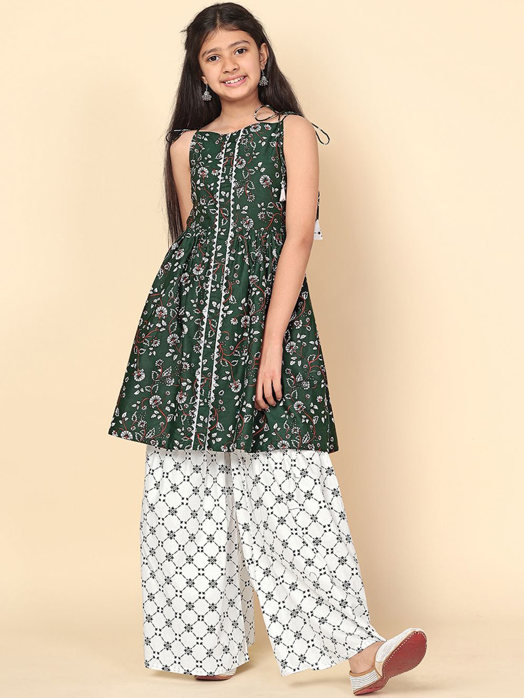 

BAESD Floral Printed Shoulder Straps Gotta Patti Anarkali Kurta with Sharara, Green