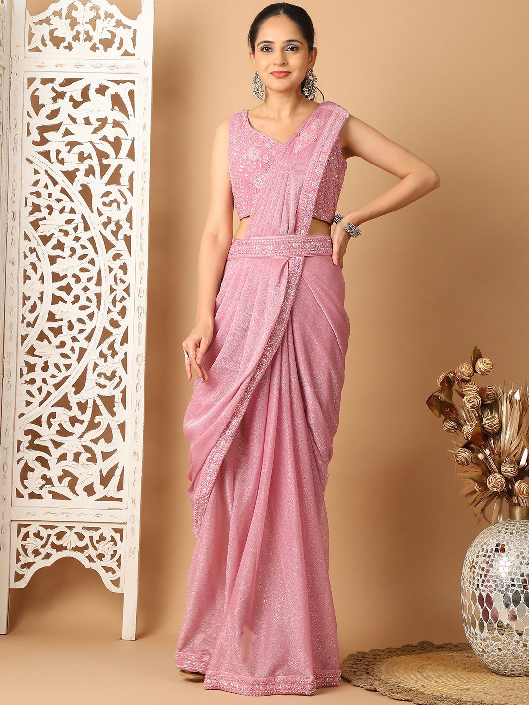 

Grancy Embellished Beads and Stones Ready to Wear Saree, Pink