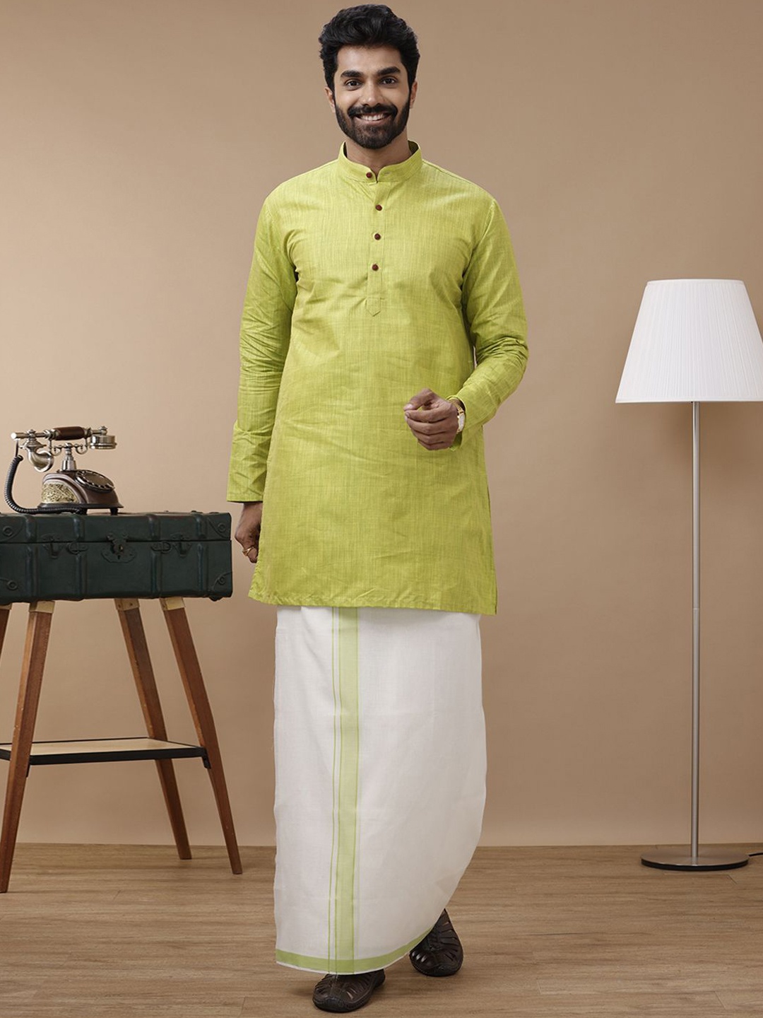 

Ramraj Mandarin Collar Long Sleeves Pure Cotton Straight Kurta With Kora Double Dhoti, Green