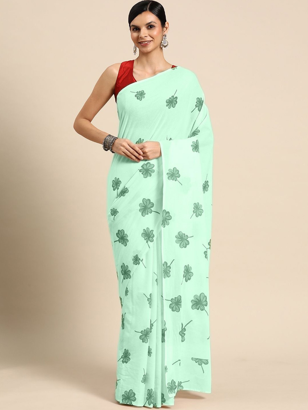 

BUTA BUTI Floral Printed Pure Cotton Saree, Green