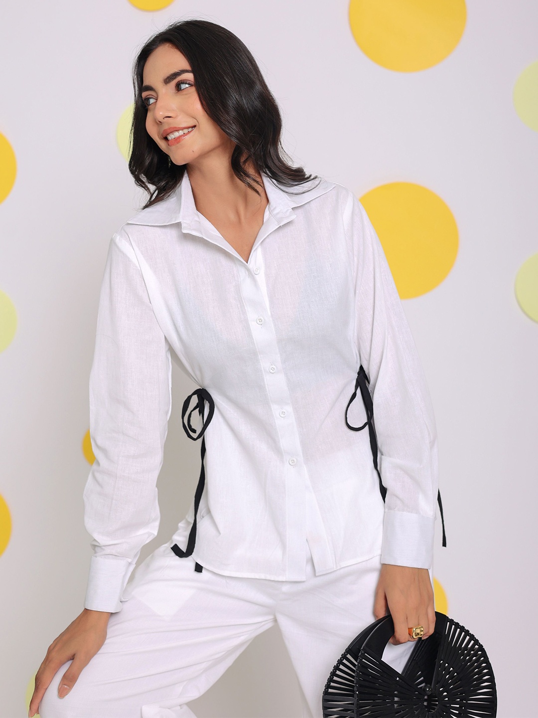 

KAORI BY SHREYA AGARWAL Women Modern Cuban Collar Solid Linen Casual Shirt, White