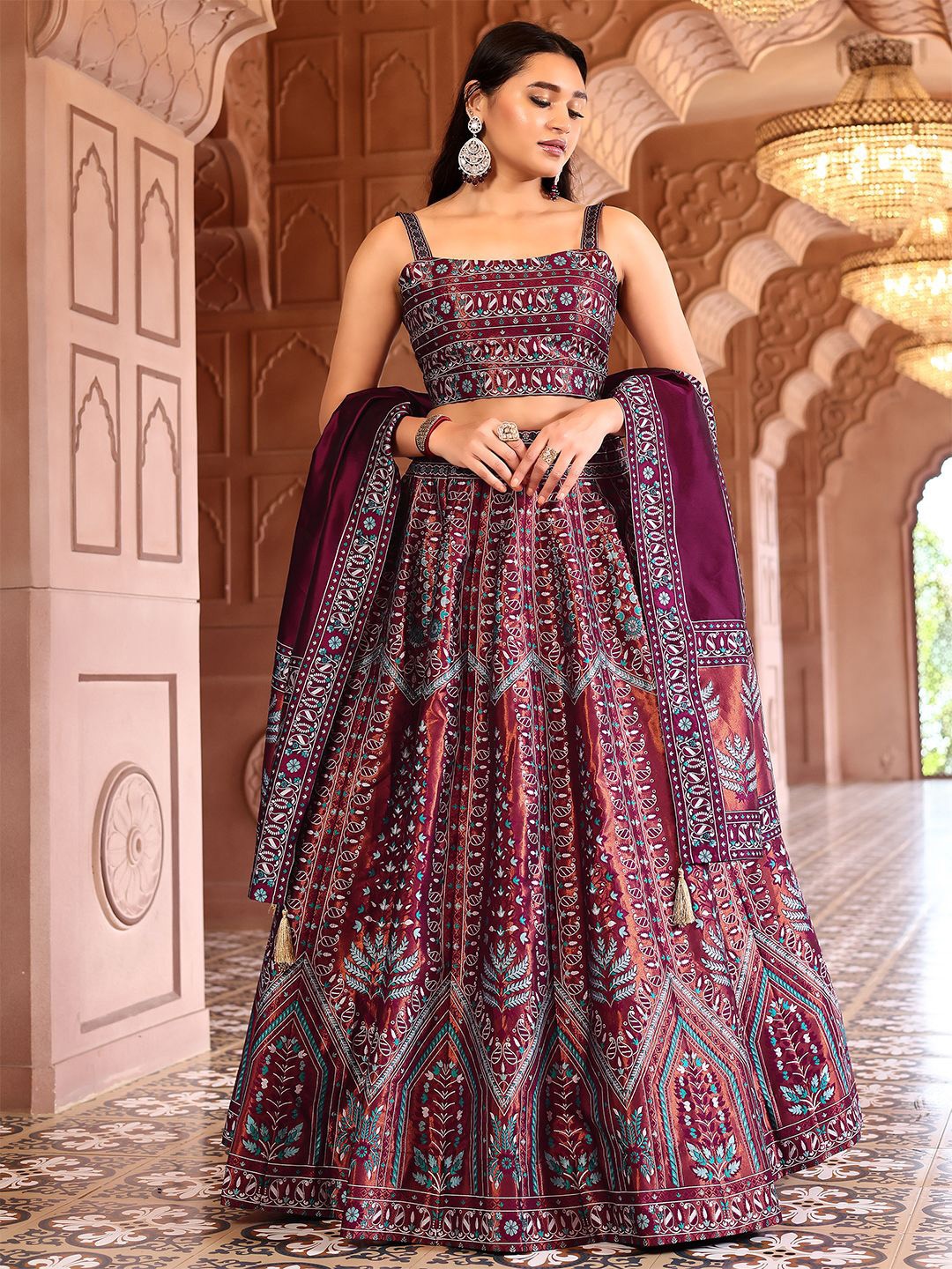

PURVAJA Ready to Wear Lehenga & Unstitched Blouse With Dupatta, Maroon