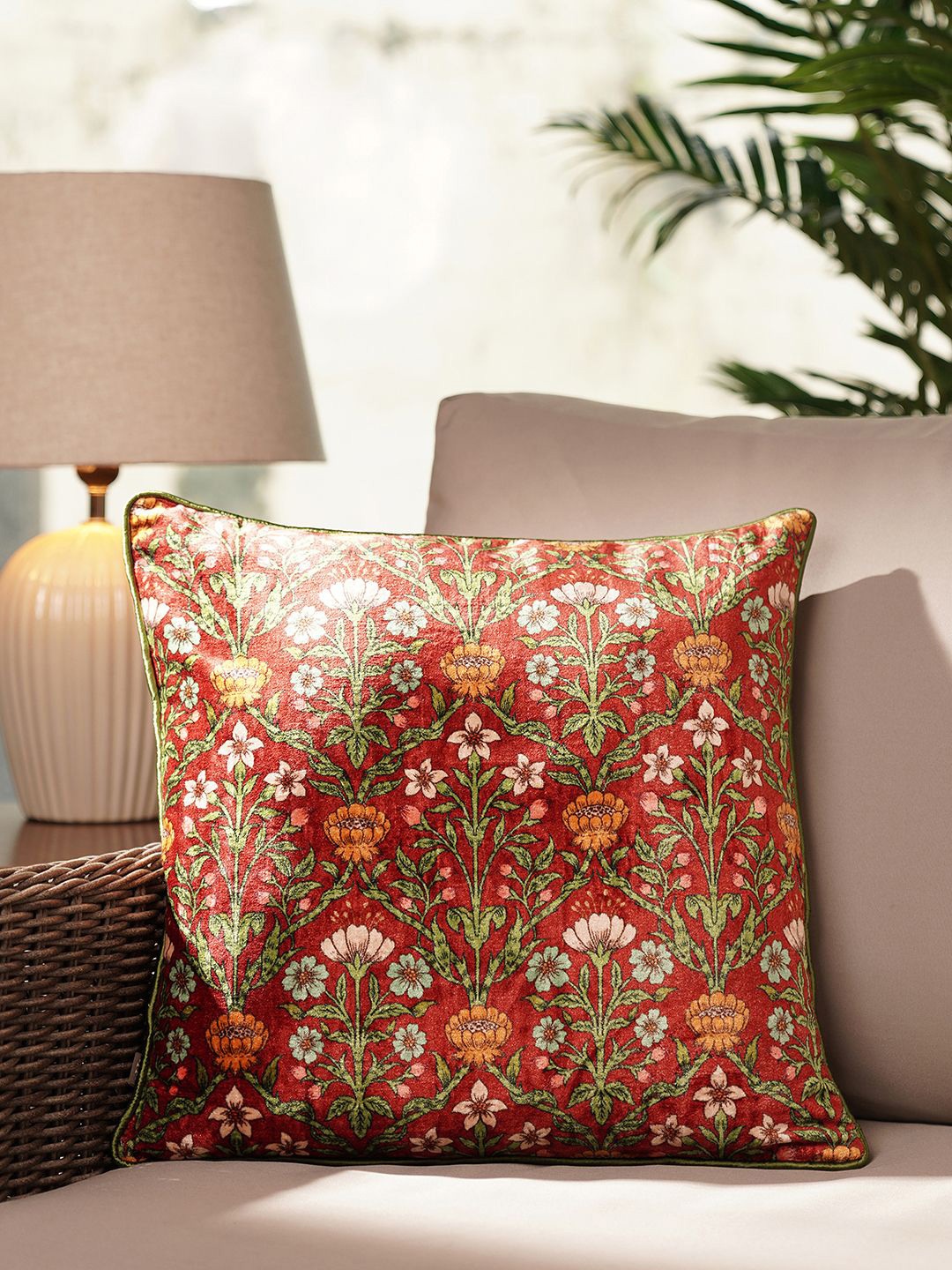 

Pure Home and Living Orange & Green Floral Printed Velvet Square Cushion Covers